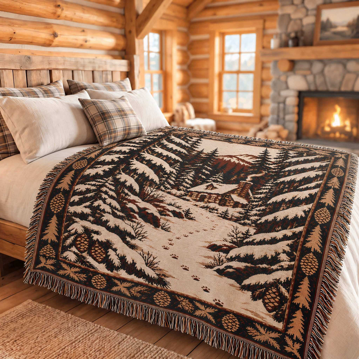 A woven tapestry throw blanket featuring a winter forest scene with pine trees, snow, and a cabin, styled on a bed in a rustic log cabin bedroom.
