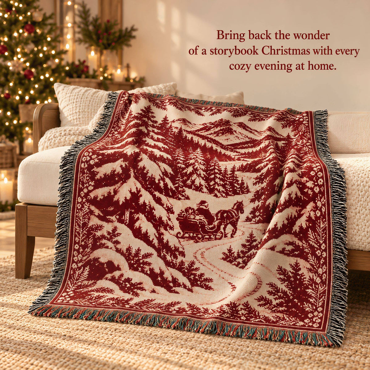 A cozy woven throw blanket draped over a white armchair in a warmly lit living room. The blanket features a deep burgundy Christmas landscape pattern with a sleigh, trees, mountains, and snow, finished with dark fringe.