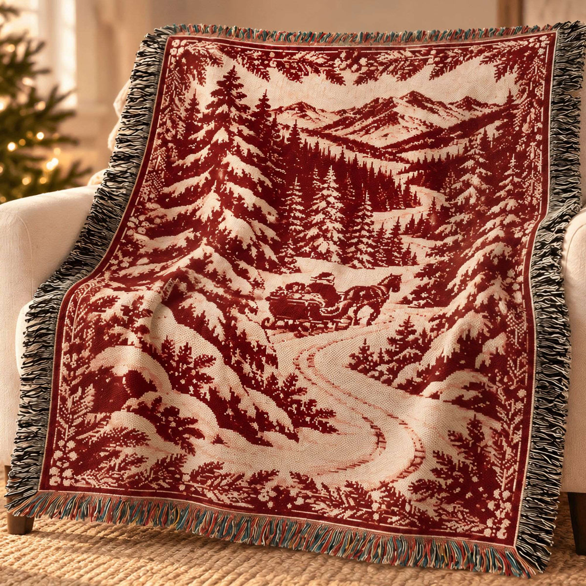 A Christmas woven throw blanket with a winter mountain landscape print in deep red and cream, draped over a white armchair in a warmly lit room. The blanket has dark fringed edges and shows a sleigh scene with pine trees and a winding path.