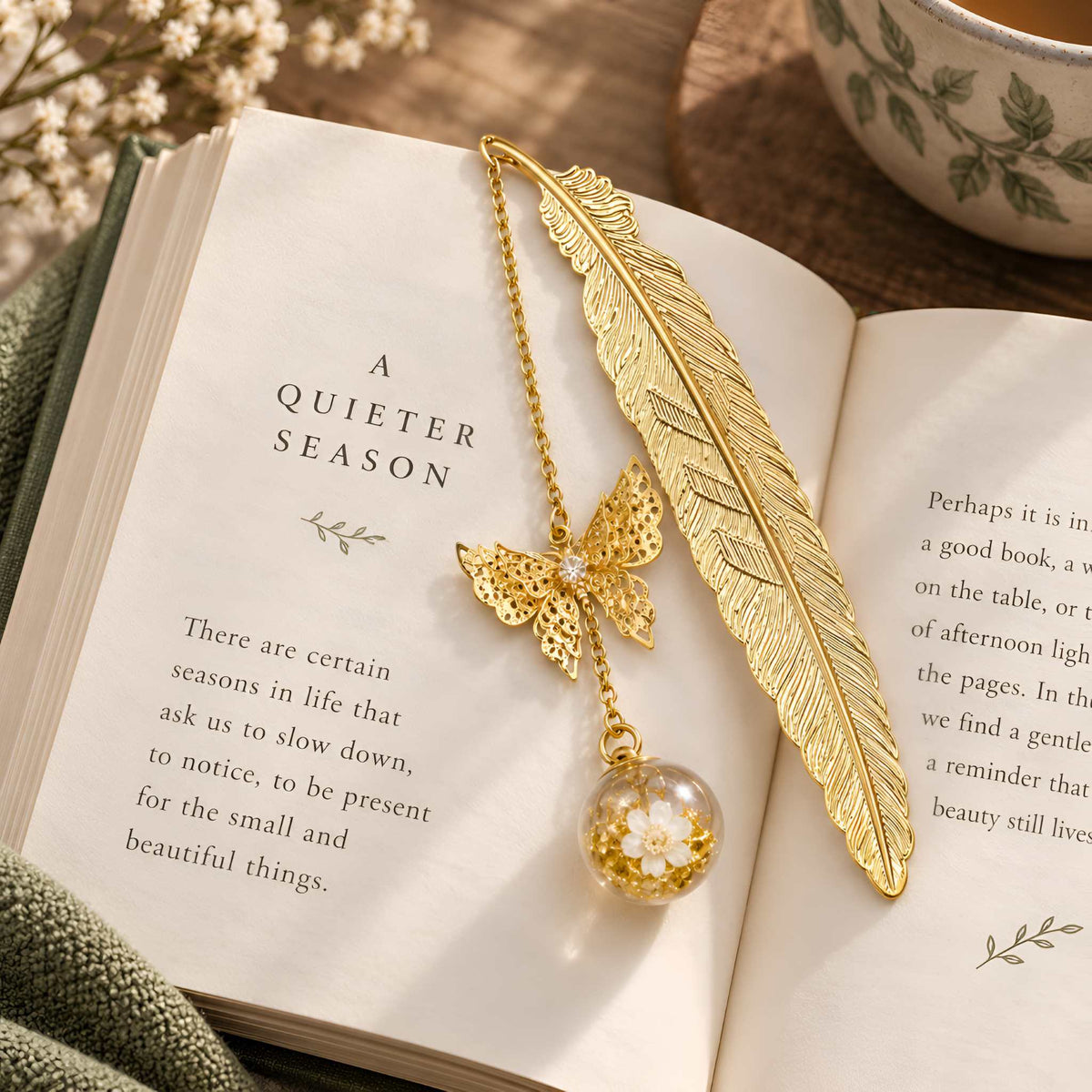 Gold-Tone Feather Bookmark with Butterfly & Floral Glass Orb