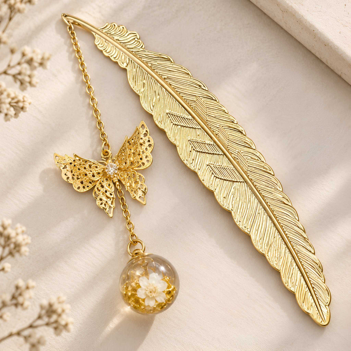 Gold-Tone Feather Bookmark with Butterfly & Floral Glass Orb