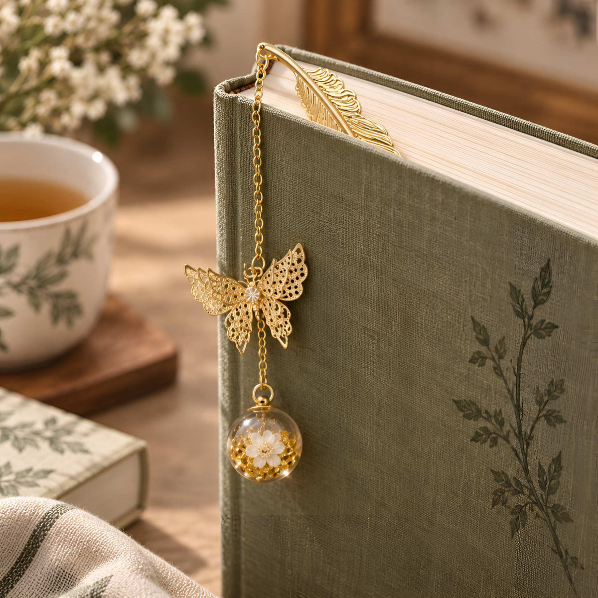 Gold-Tone Feather Bookmark with Butterfly & Floral Glass Orb