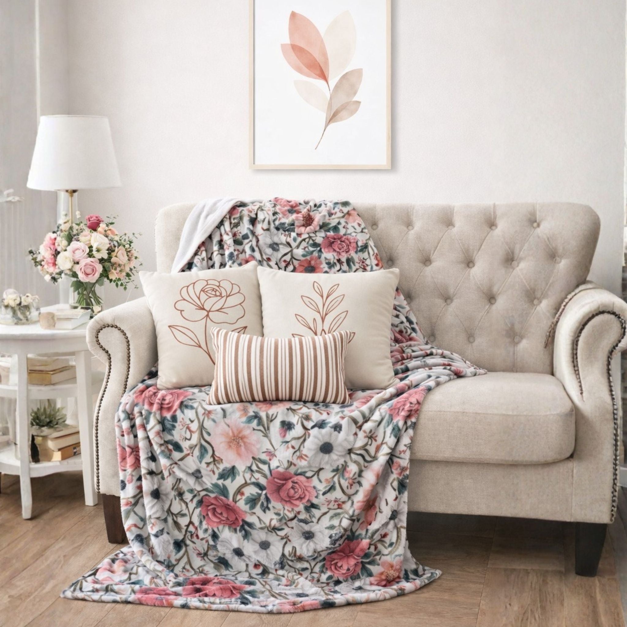 Beige tufted sofa with floral throw blanket and three pillows with floral wall art in a living room setting.