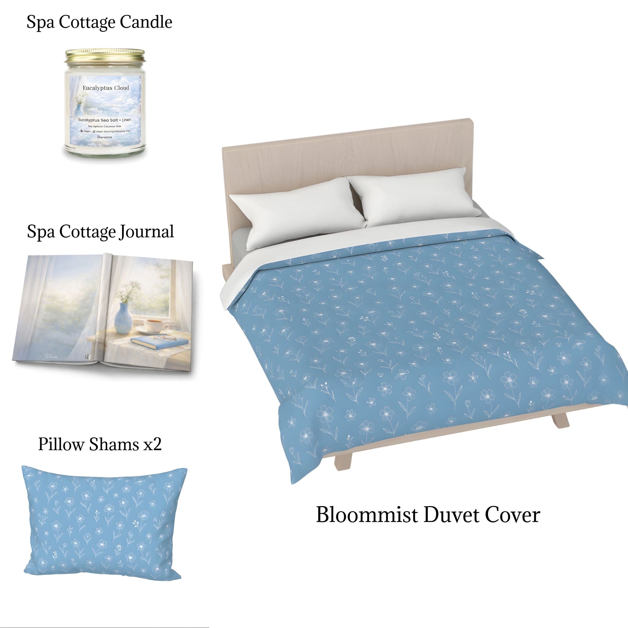 Spa Cottage Wellness Bundle, 4 Piece King/Queen Bedding - Durazza