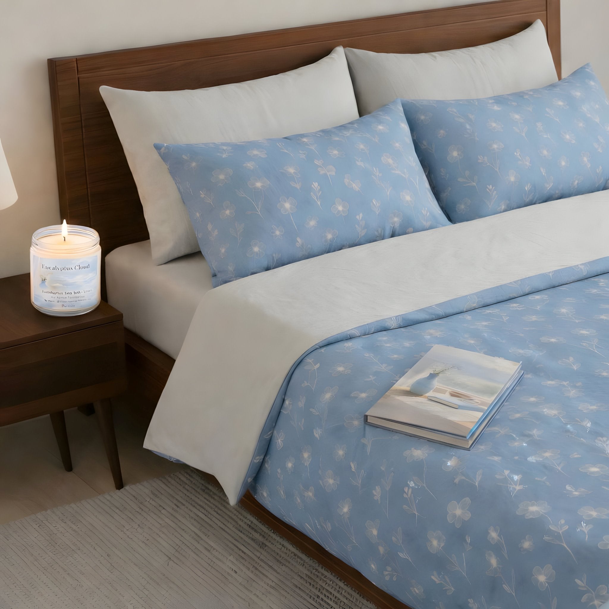 Bed with blue and white floral bedding, candle, and book in a bedroom setting.