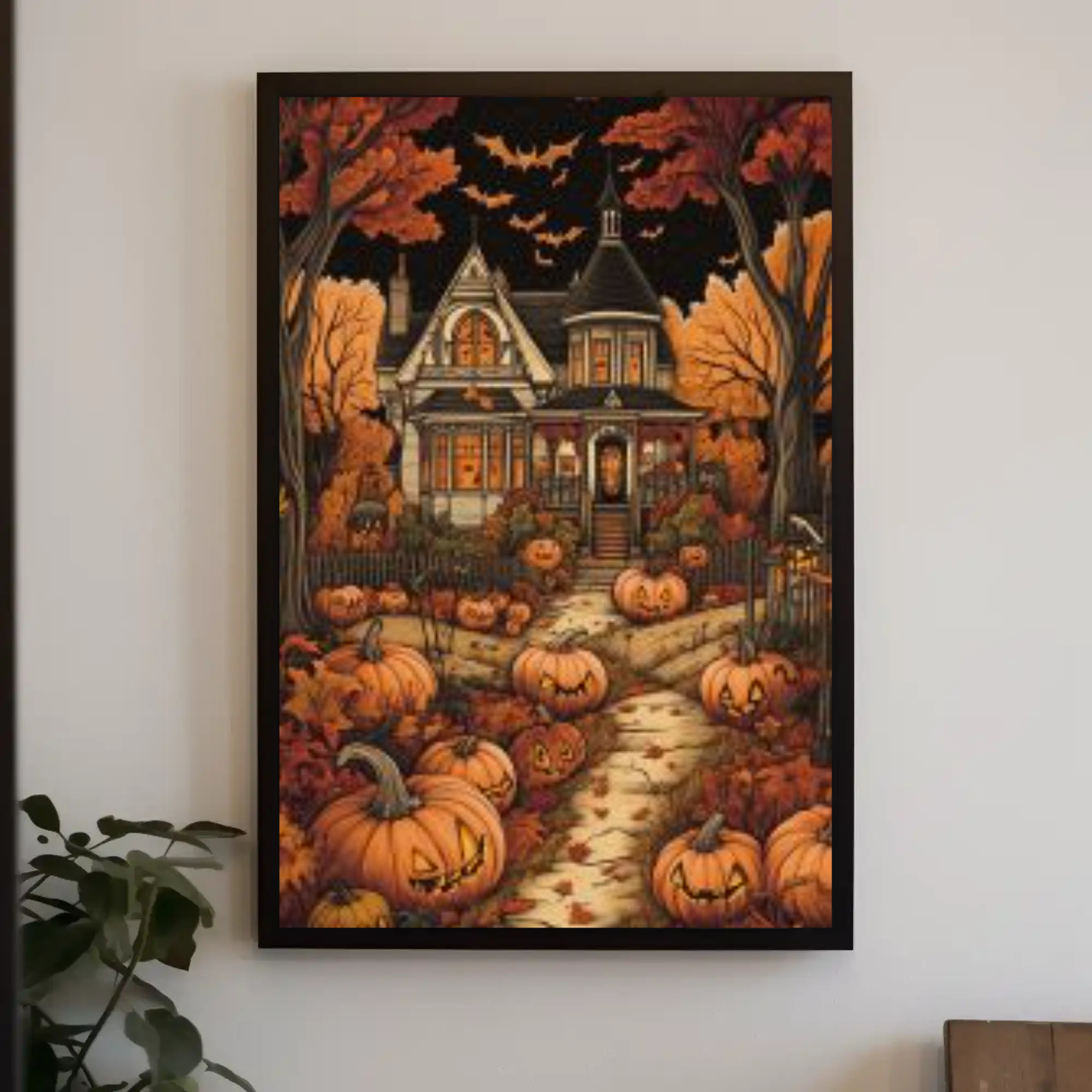 Batty Manor Halloween Poster: Folk Art Print