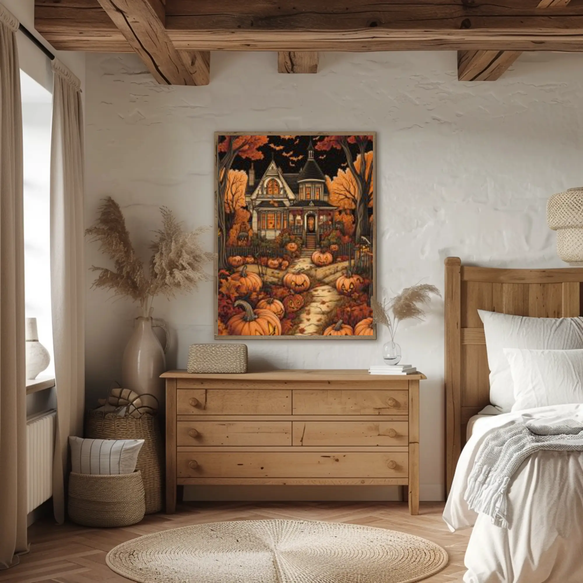 Batty Manor Halloween Poster: Folk Art Print
