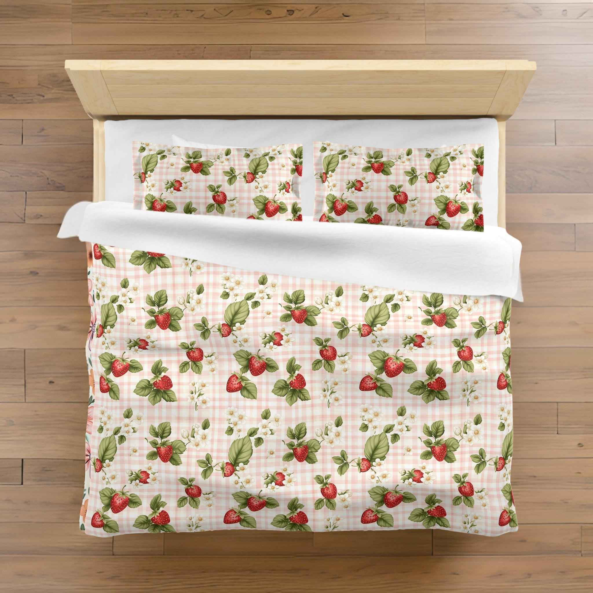 Strawberry Duvet Cover: Cottage Gingham Bedding| Berry Bloom