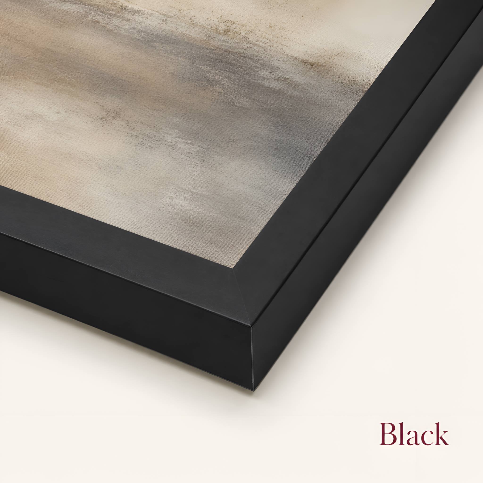 Black wood fine art frame corner close-up with textured art paper.