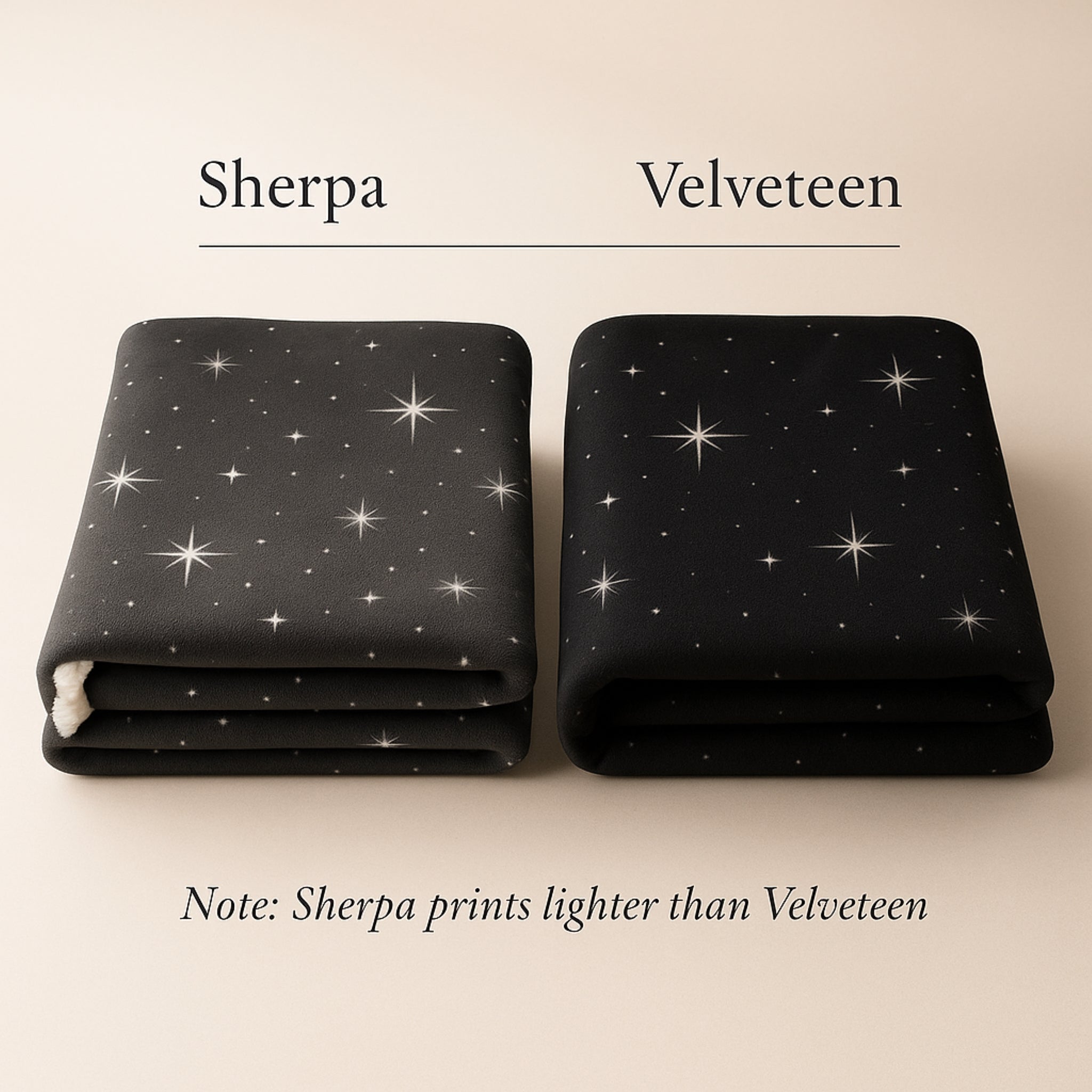 Two folded black blankets with star patterns labeled 'Sherpa' and 'Velveteen' on a beige background.