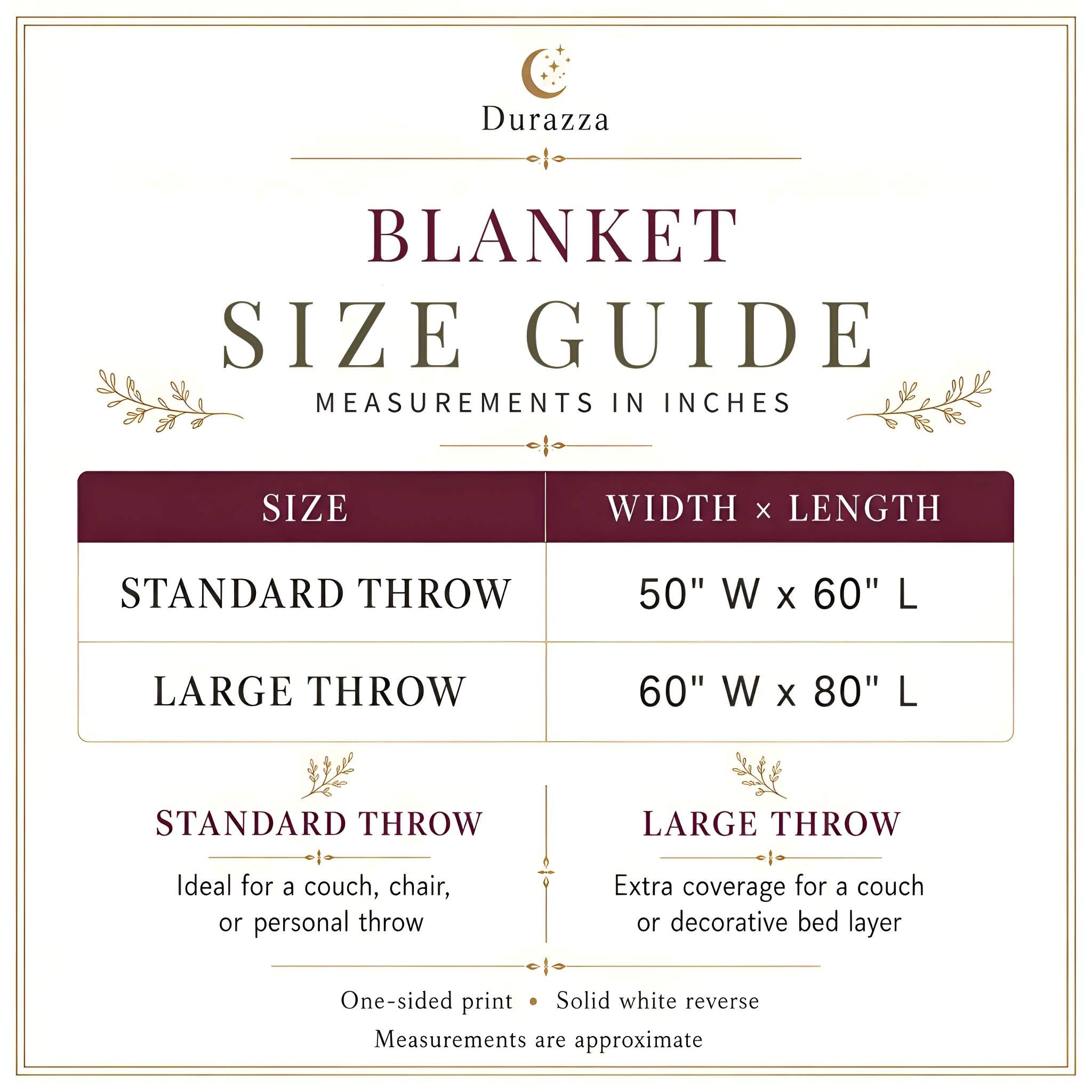 A size guide infographic for the Durazza Blanket, showing measurements in inches for Standard Throw (50" x 60") and Large Throw (60" x 80") sizes with descriptions of each throw type.