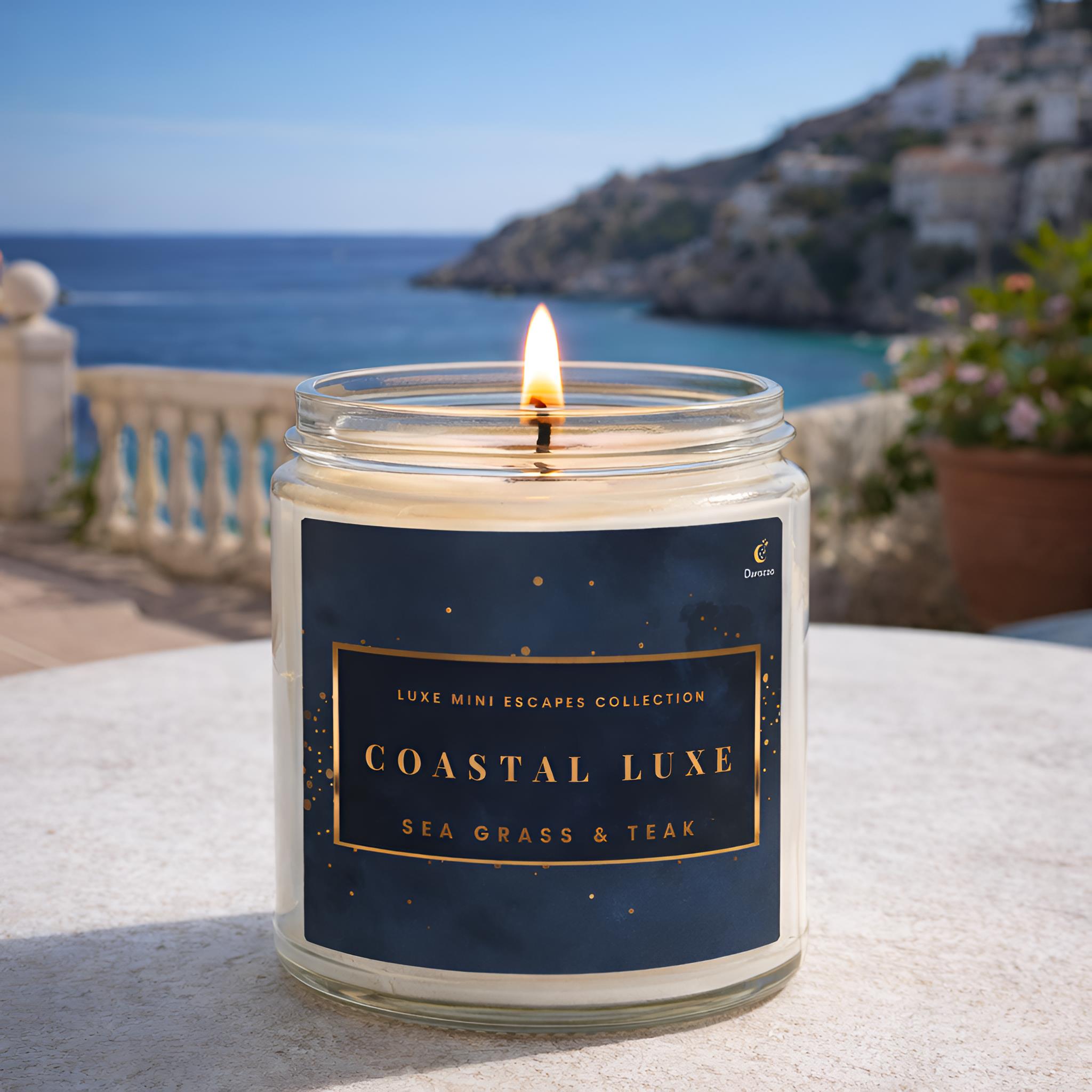 Sea grass and teak scented candle on a table with a beach front view.