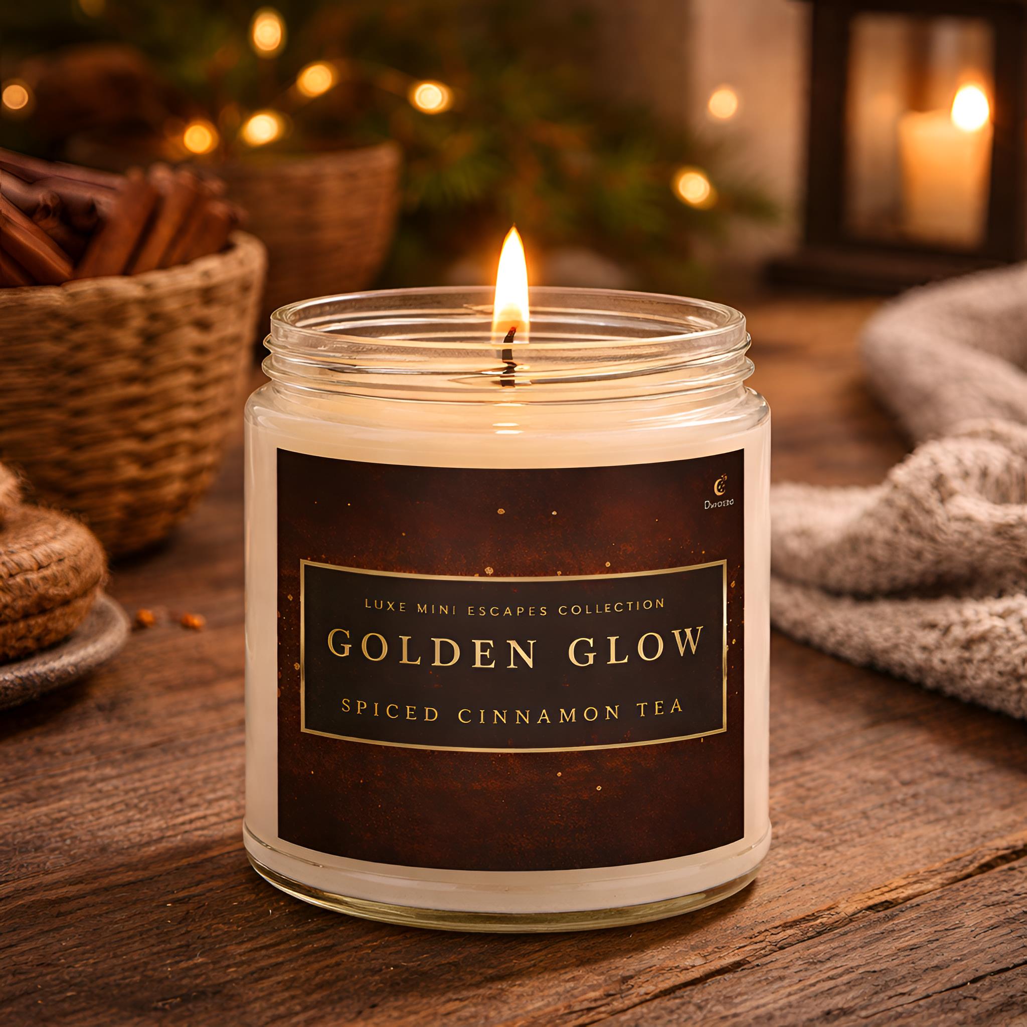 Spiced cinnamon tea scented candle in a 9 oz jar surrounded by fall themed spices on a wooden table with candles and blankets.