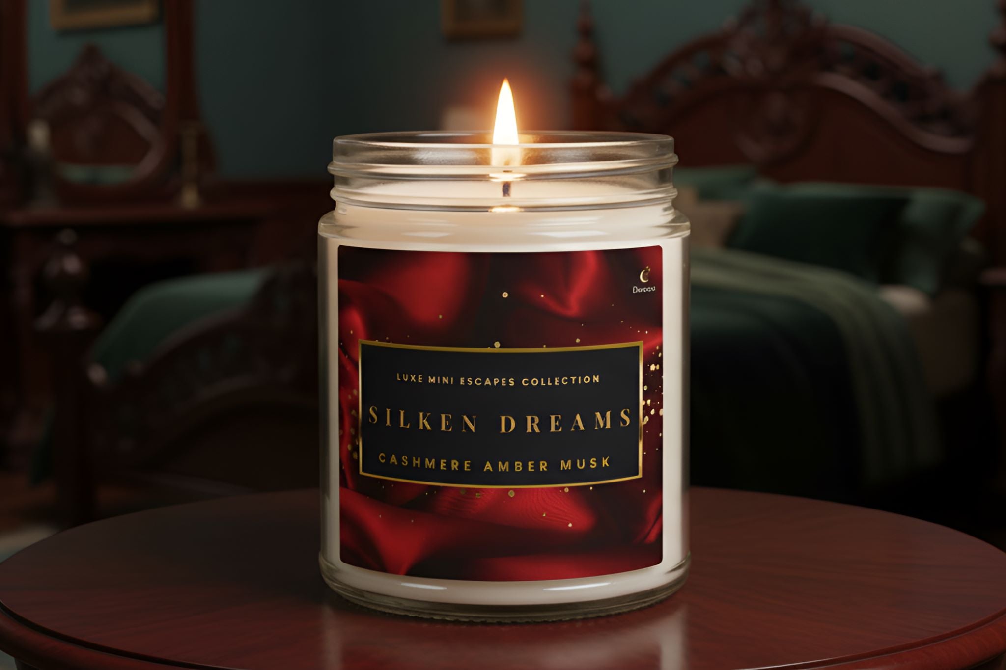 A cashmere amber musk scented candle, with a red and gold label named 'Silken Dreams' on a table in a Victorian gothic bedroom.