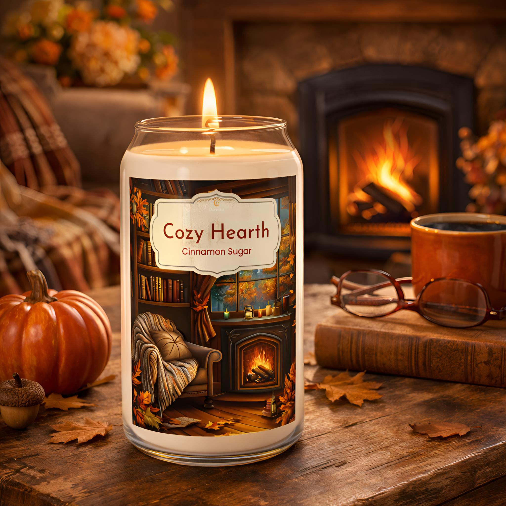 Cinnamon and Sugar scented candle in a cozy Autumn living room.