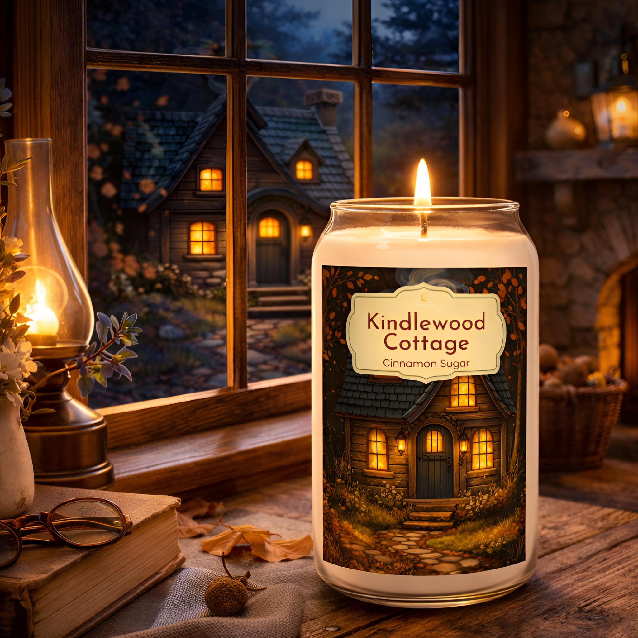 Brown sugar and cinnamon scented candle with cottage illustration.