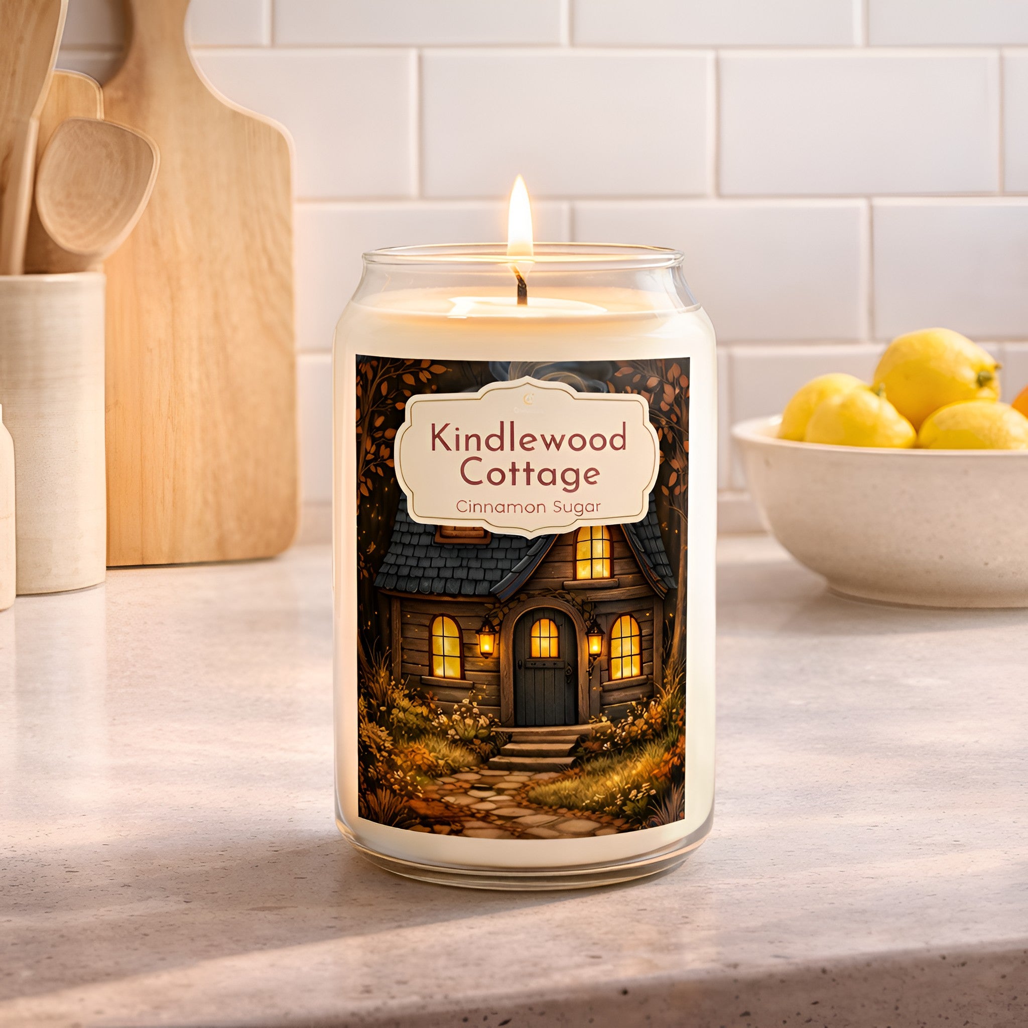 Brown sugar and cinnamon scented candle on a kitchen counter.