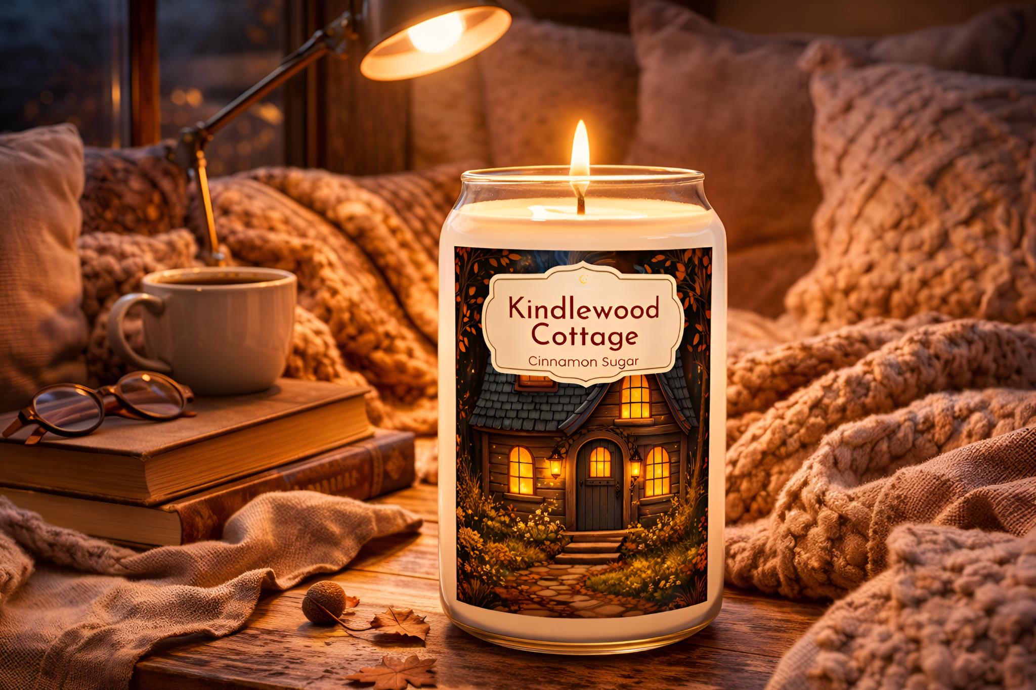 Brown sugar dessert candle labeled 'Kindlewood Cottage' with a cozy setting featuring a mug, books, and a lamp.
