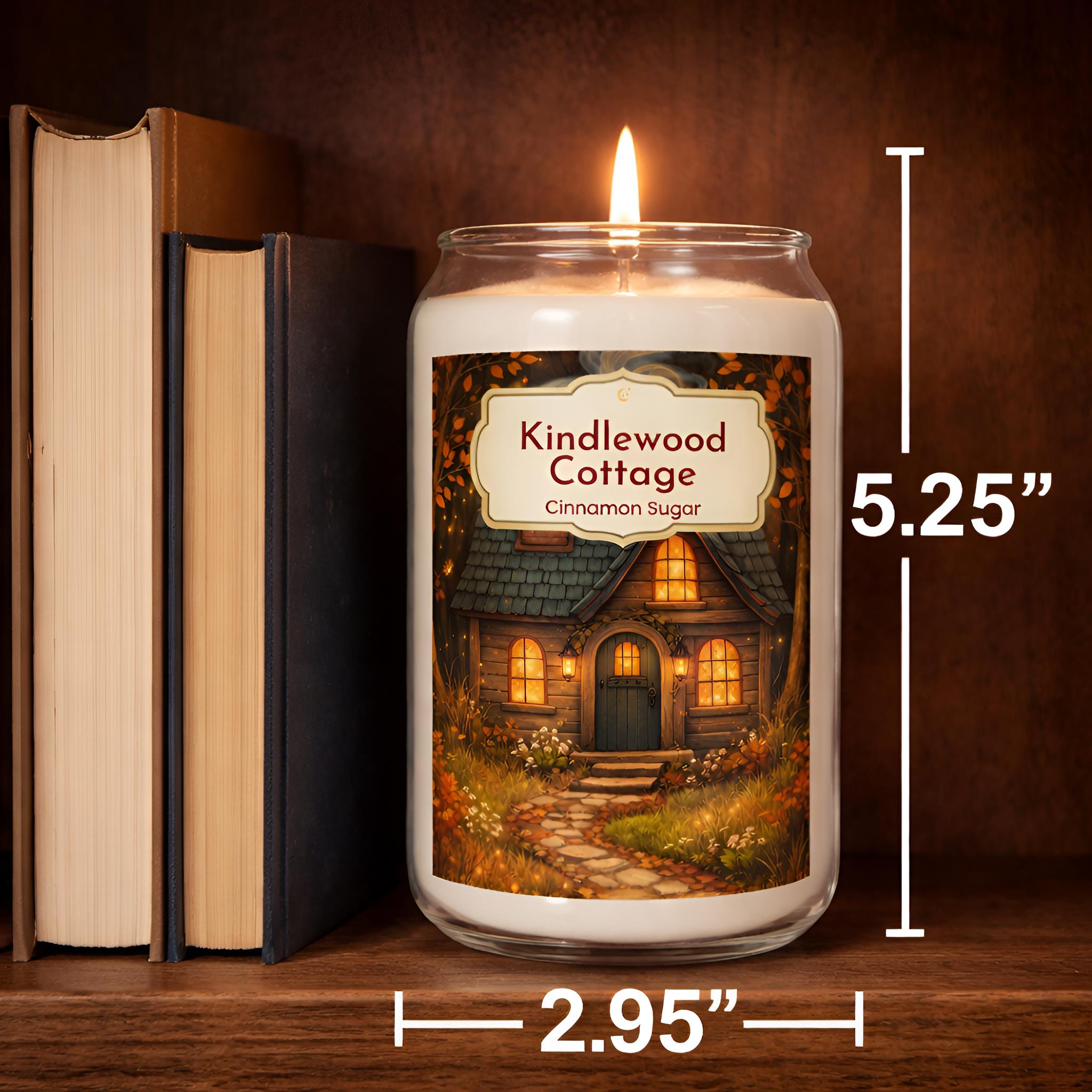 Candle labeled 'Kindlewood Cottage' with dimensions displayed, next to two books on a wooden surface.