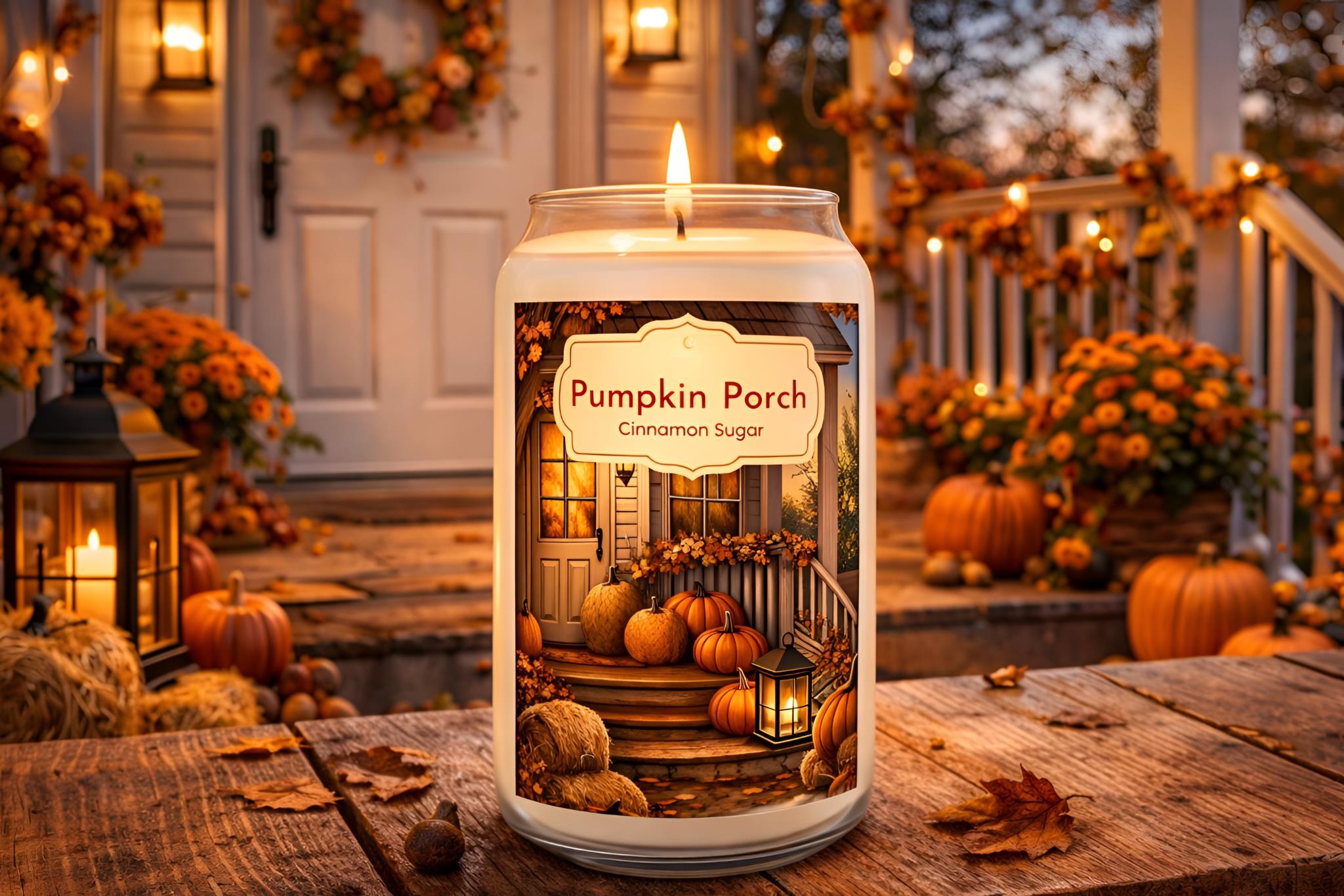 Cinnamon spice candle labeled 'Pumpkin Porch' on a wooden table with autumn decorations.