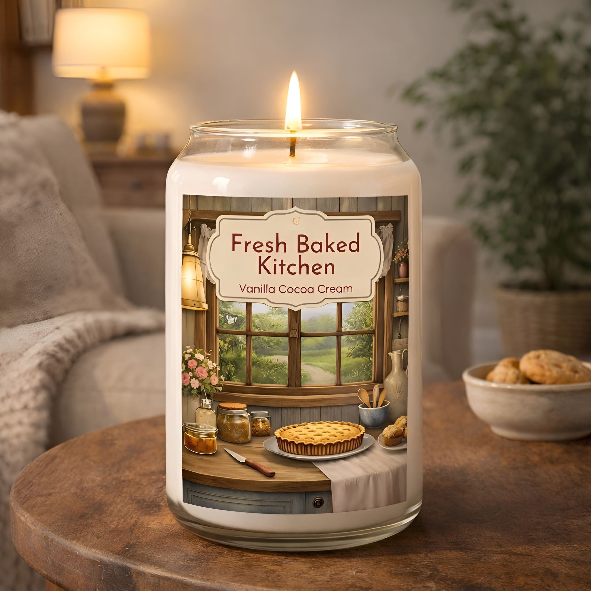 Cocoa and Vanilla candle in a jar labeled 'Fresh Baked Kitchen' on a wooden table in a cozy cottage living room.