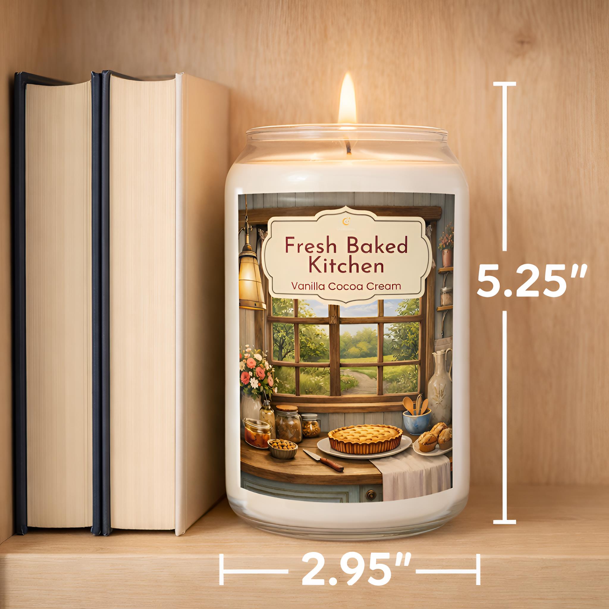 Vanilla candle in a jar with a 'Fresh Baked Kitchen' label, next to an open book on a wooden bookshelf.