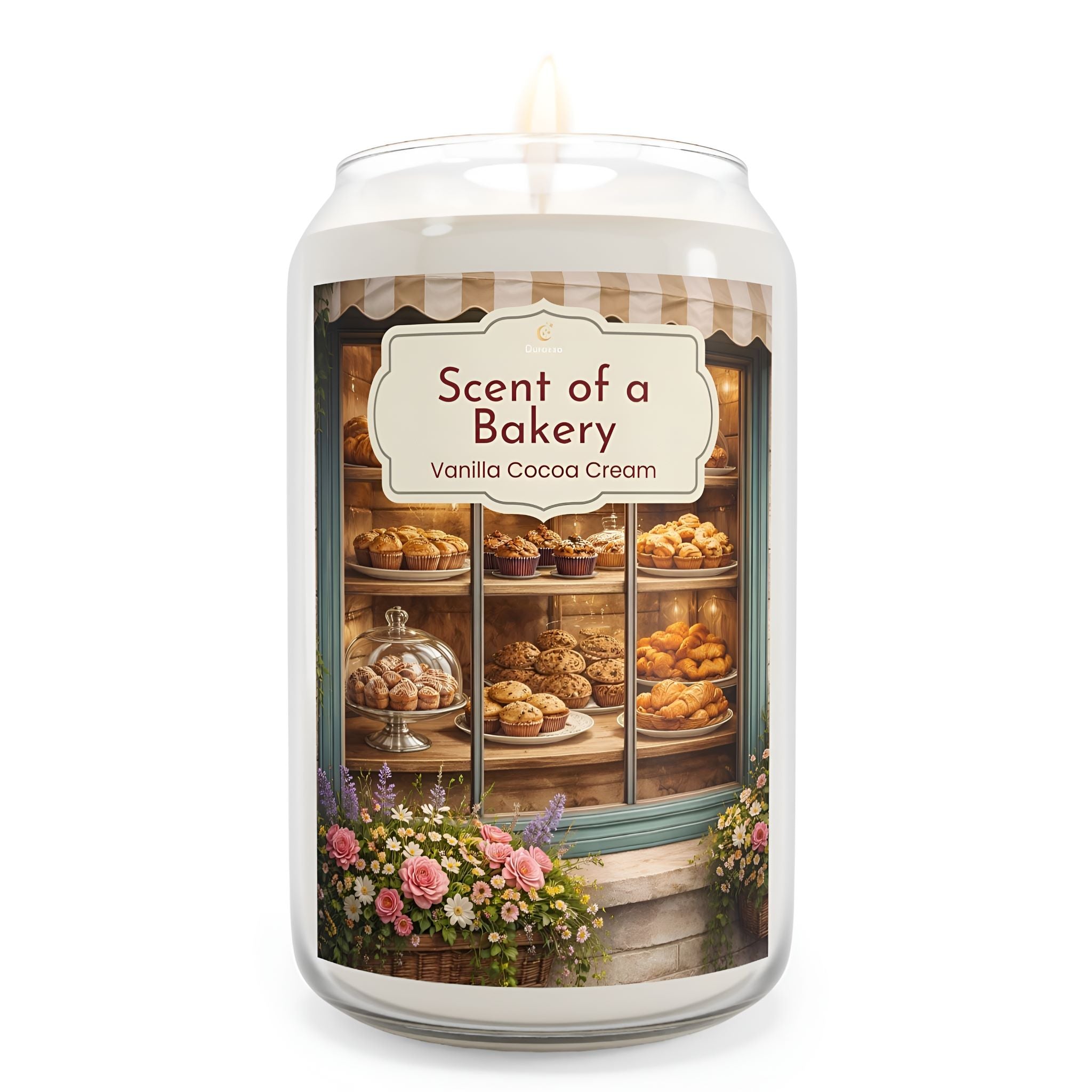 Vanilla Candle with 'Scent of a Bakery' label and bakery-themed design on a white background.