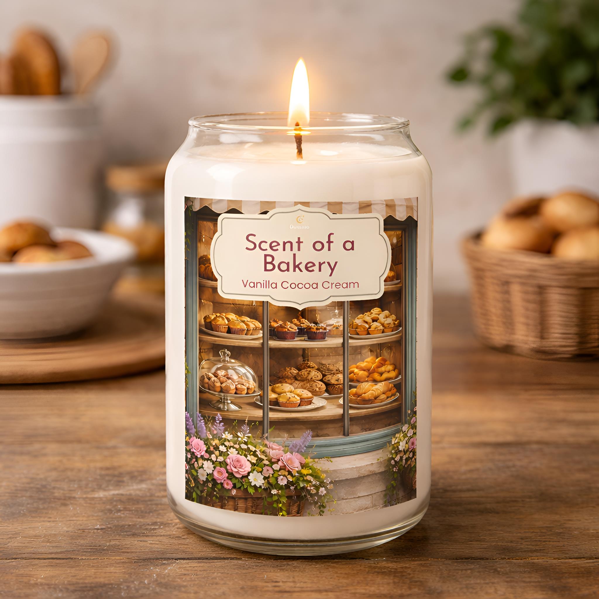 Vanilla and cocoa candle labeled 'Scent of a Bakery' with a bakery-themed design on a wooden kitchen counter.