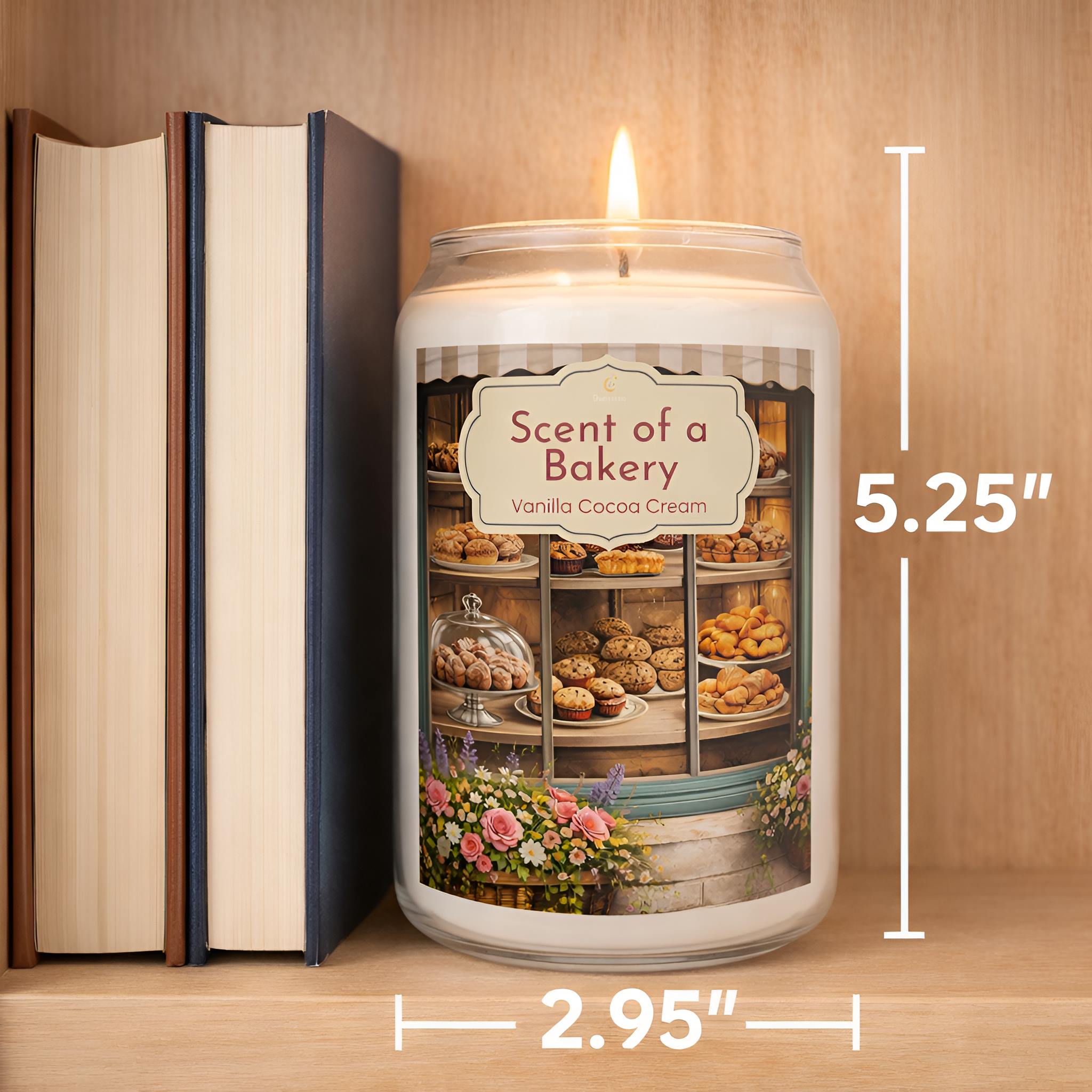 Cocoa and vanilla scented candle labeled 'Scent of a Bakery' with dimensions on a wooden bookshelf.