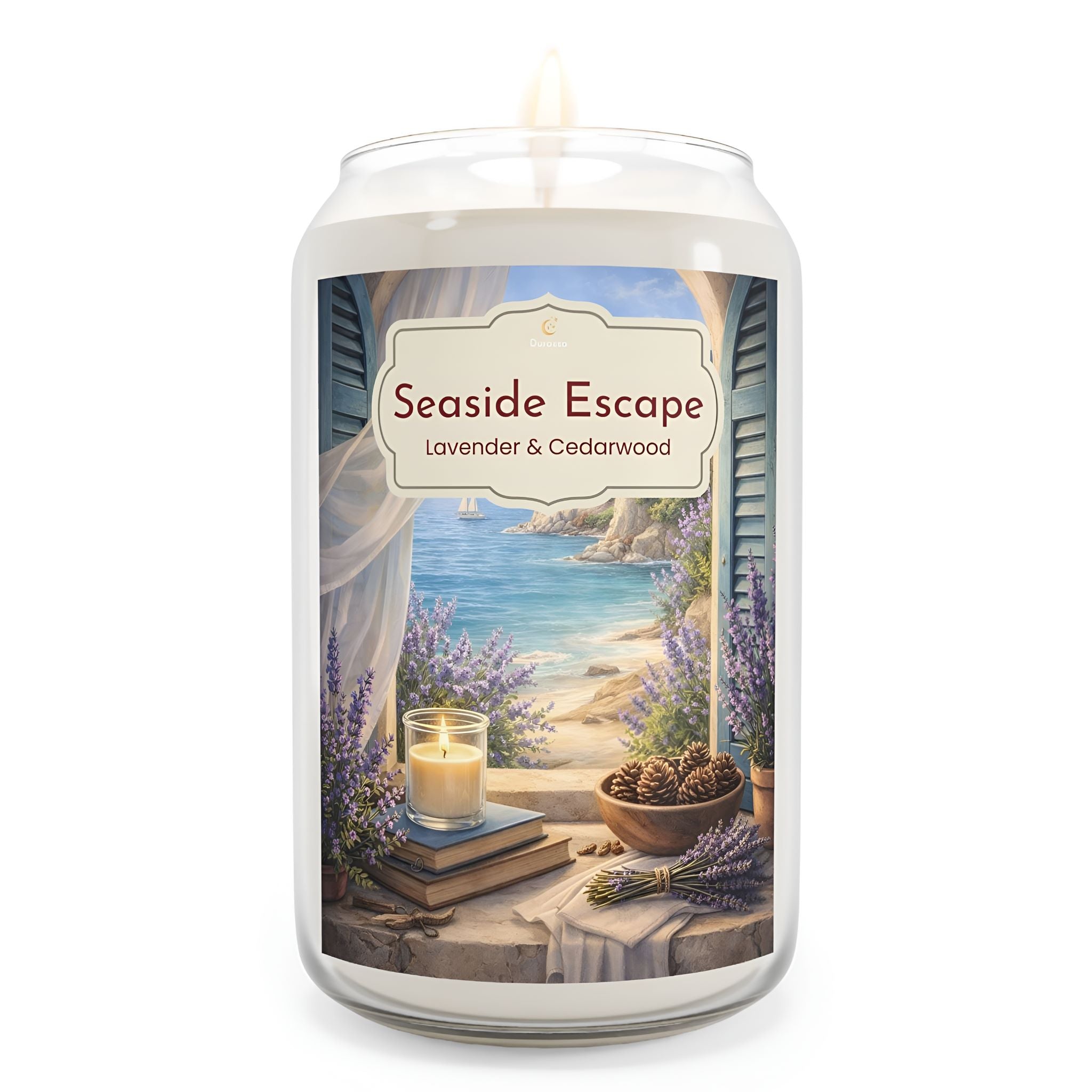 Lavender candle with 'Seaside Escape' label featuring a scenic Mediterranean design.