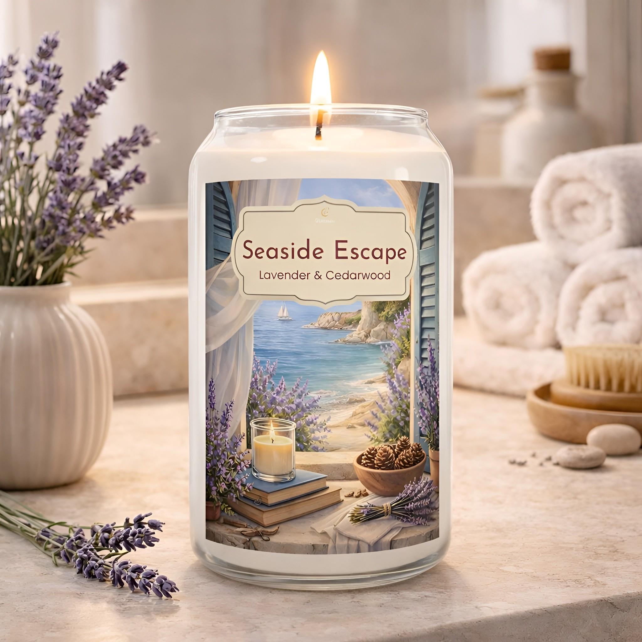 Candle with lavender and cedarwood scent on a bathroom counter in a Mediterranean coastal home.