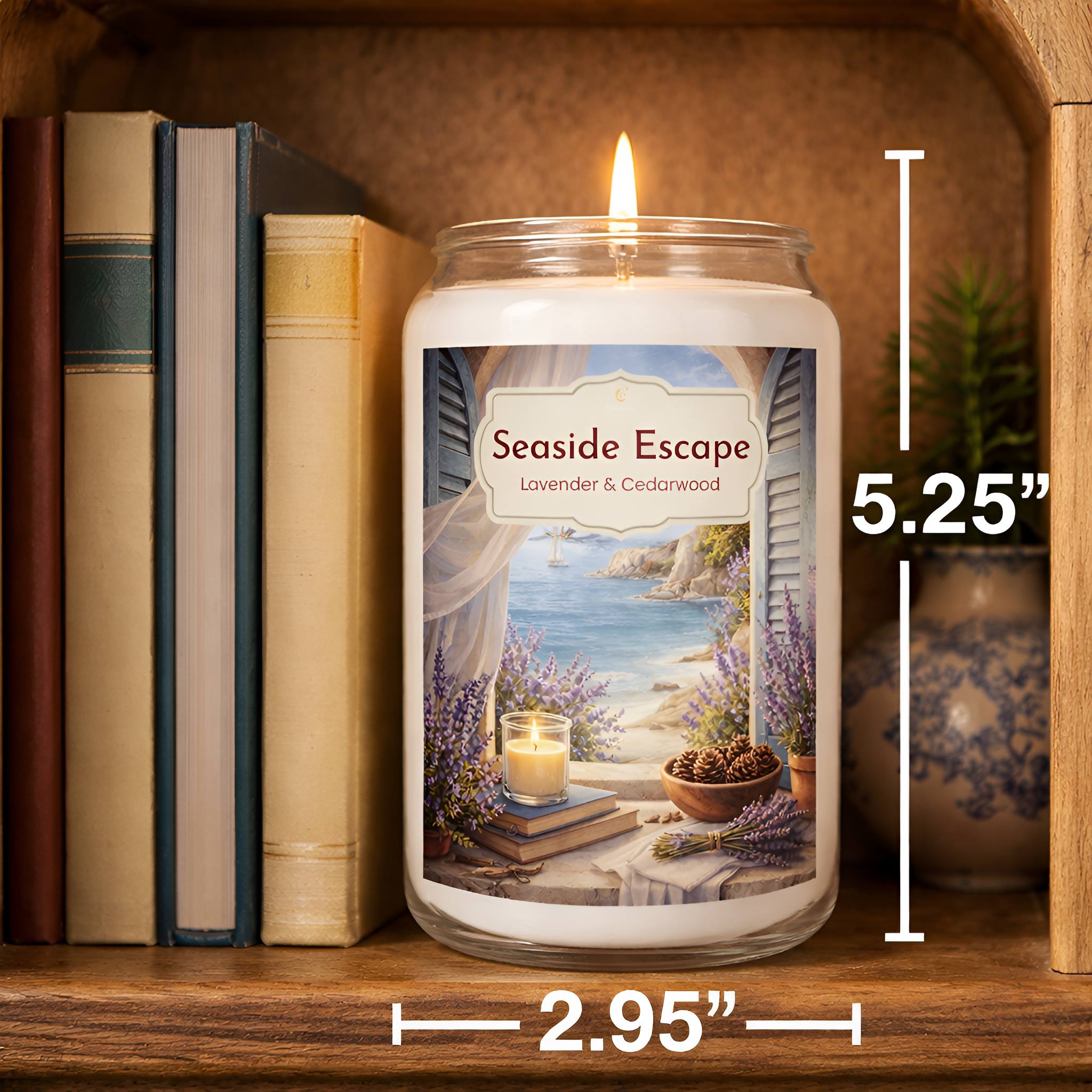 Lavender Mediterranean candle labeled 'Seaside Escape' with dimensions on a wooden bookshelf with books and a vase.
