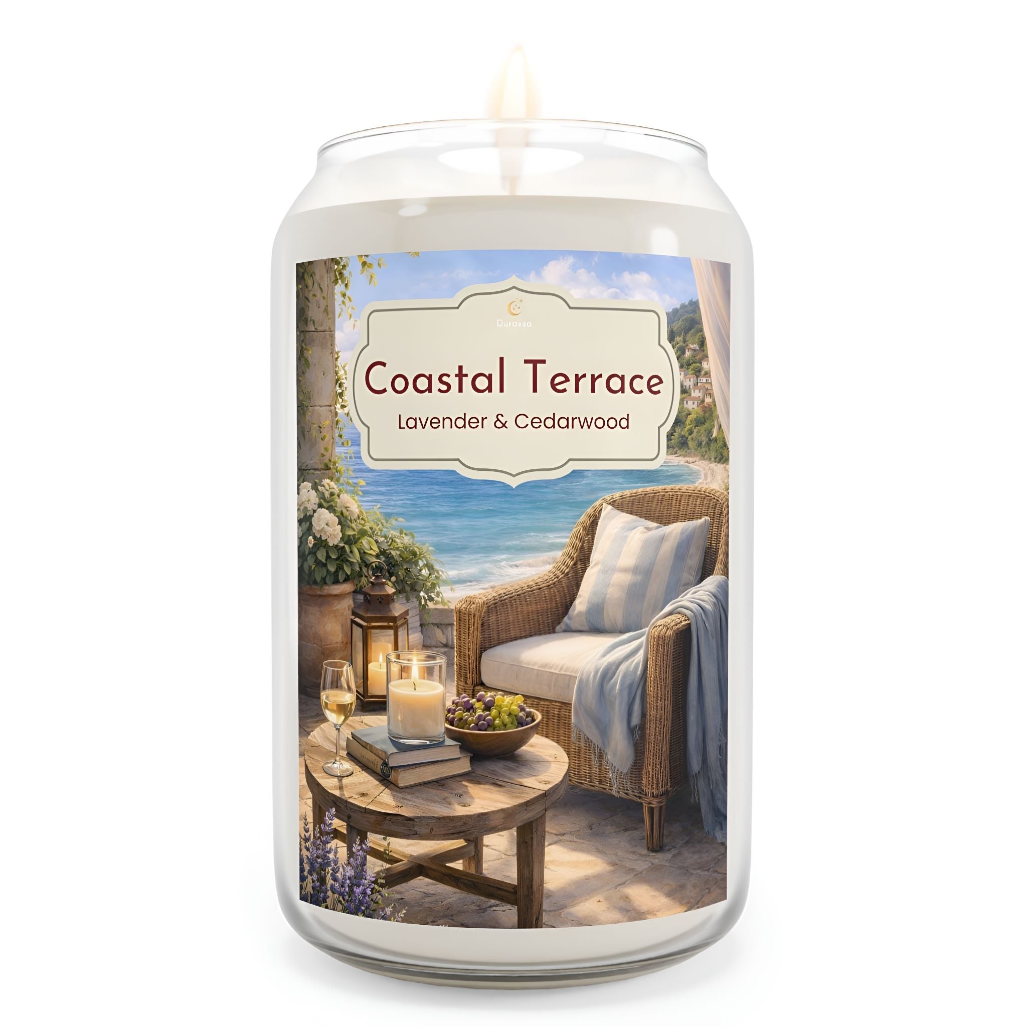 Coastal Terrace lavender cedarwood candle in clear glass jar.