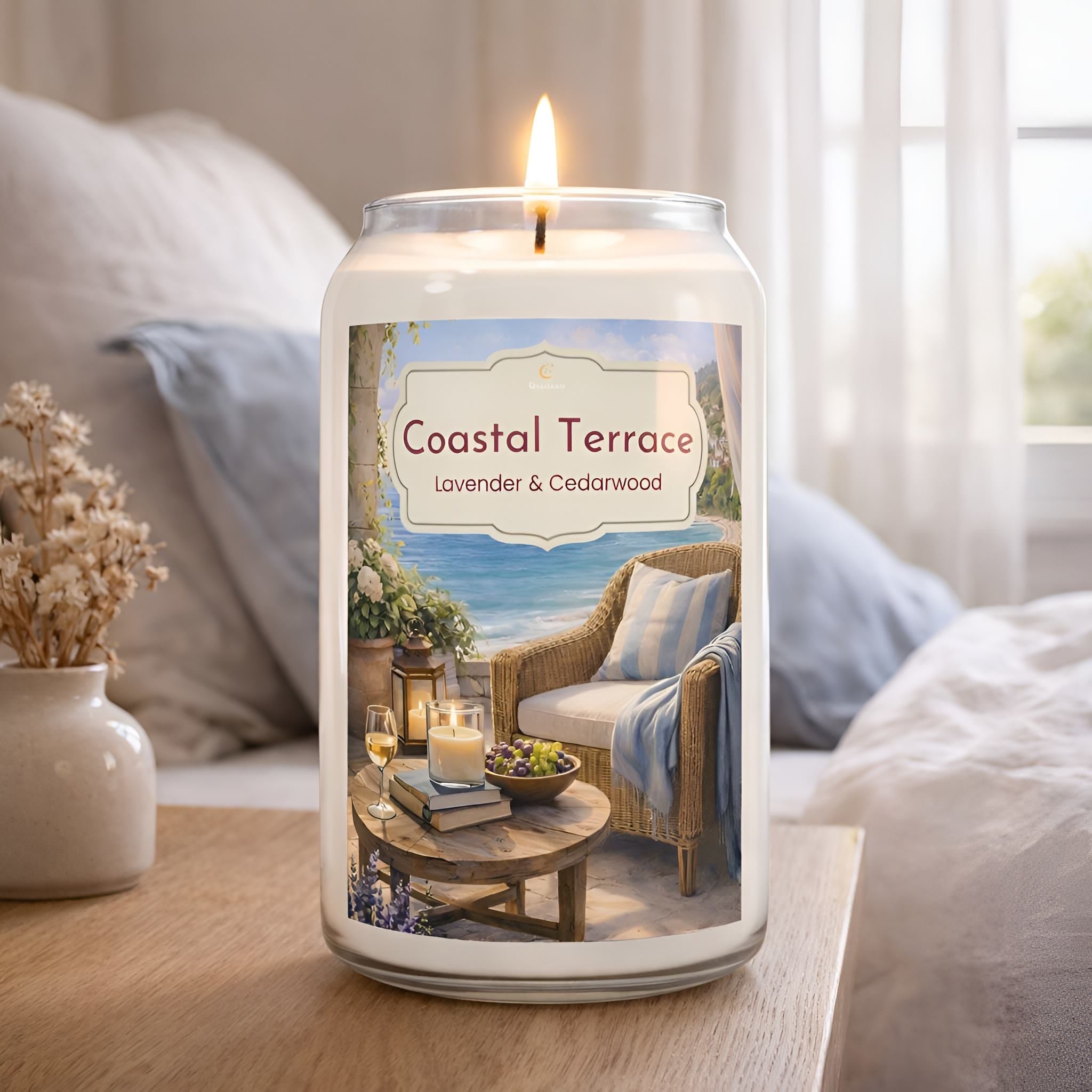 Coastal Terrace lavender candle glowing on a soft bedroom nightstand