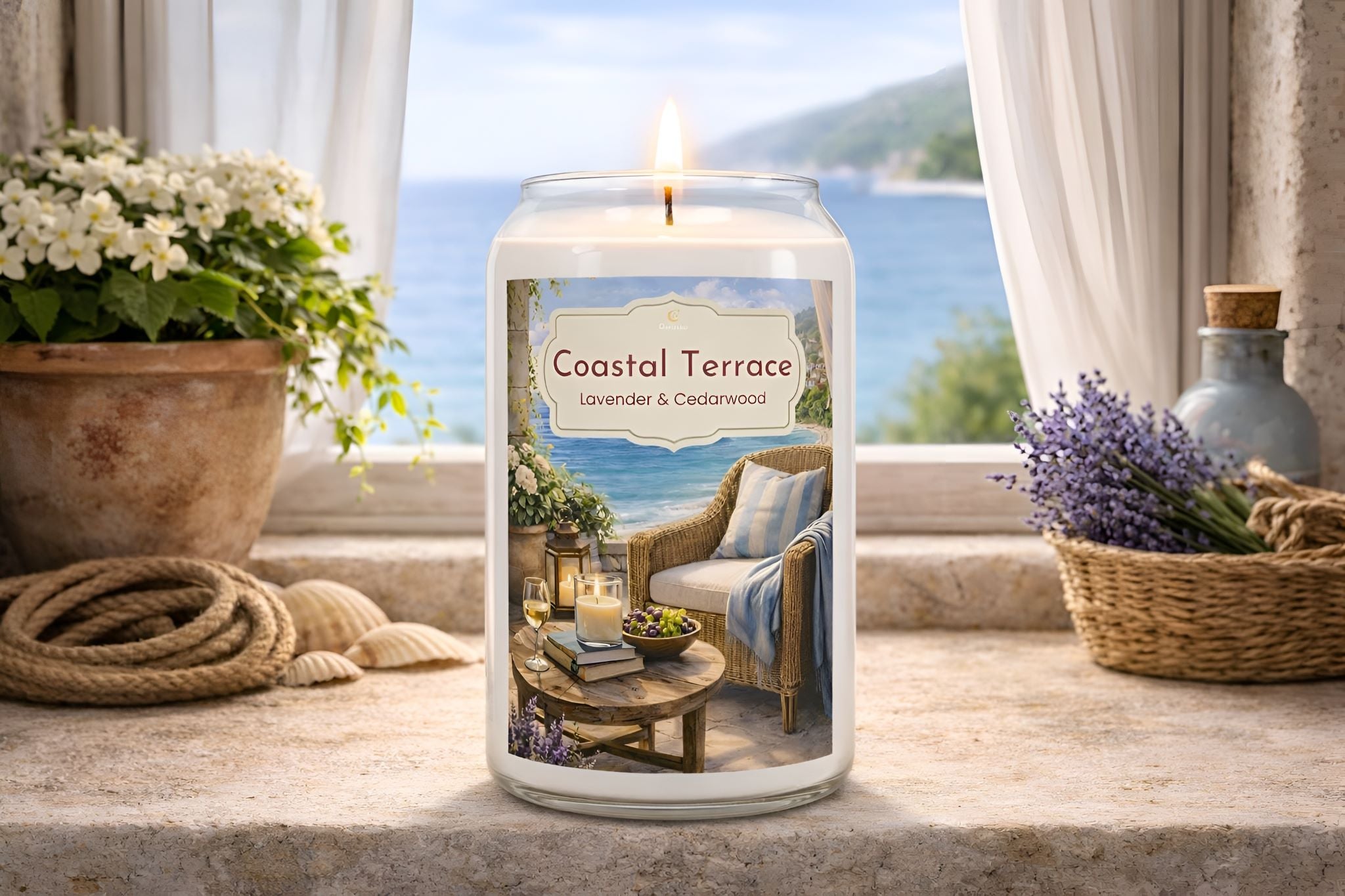 Lavender cedarwood candle on Mediterranean coastal window sill.