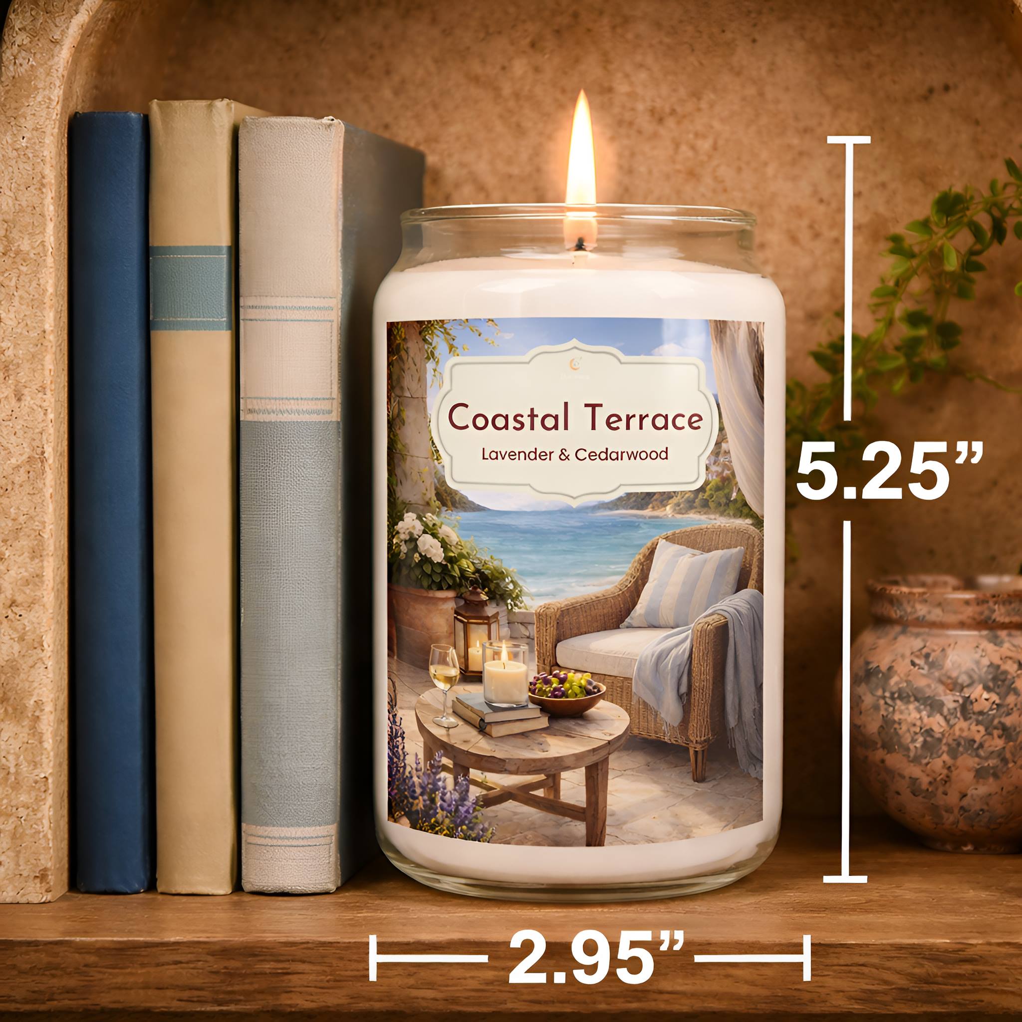 Coastal Terrace lavender and cedarwood scented candle size guide showing 5.25 by 2.95 inches on a wooden bookshelf