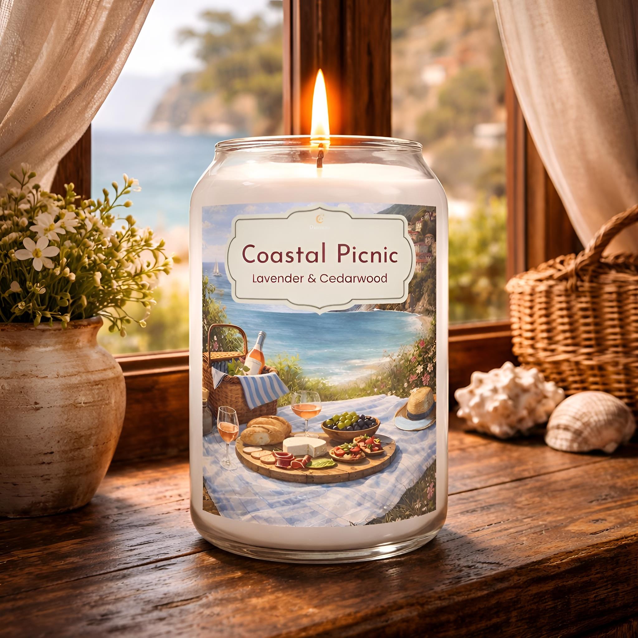 Lavender and cedarwood scented candle with hints of herbs for meditteranean style homes.