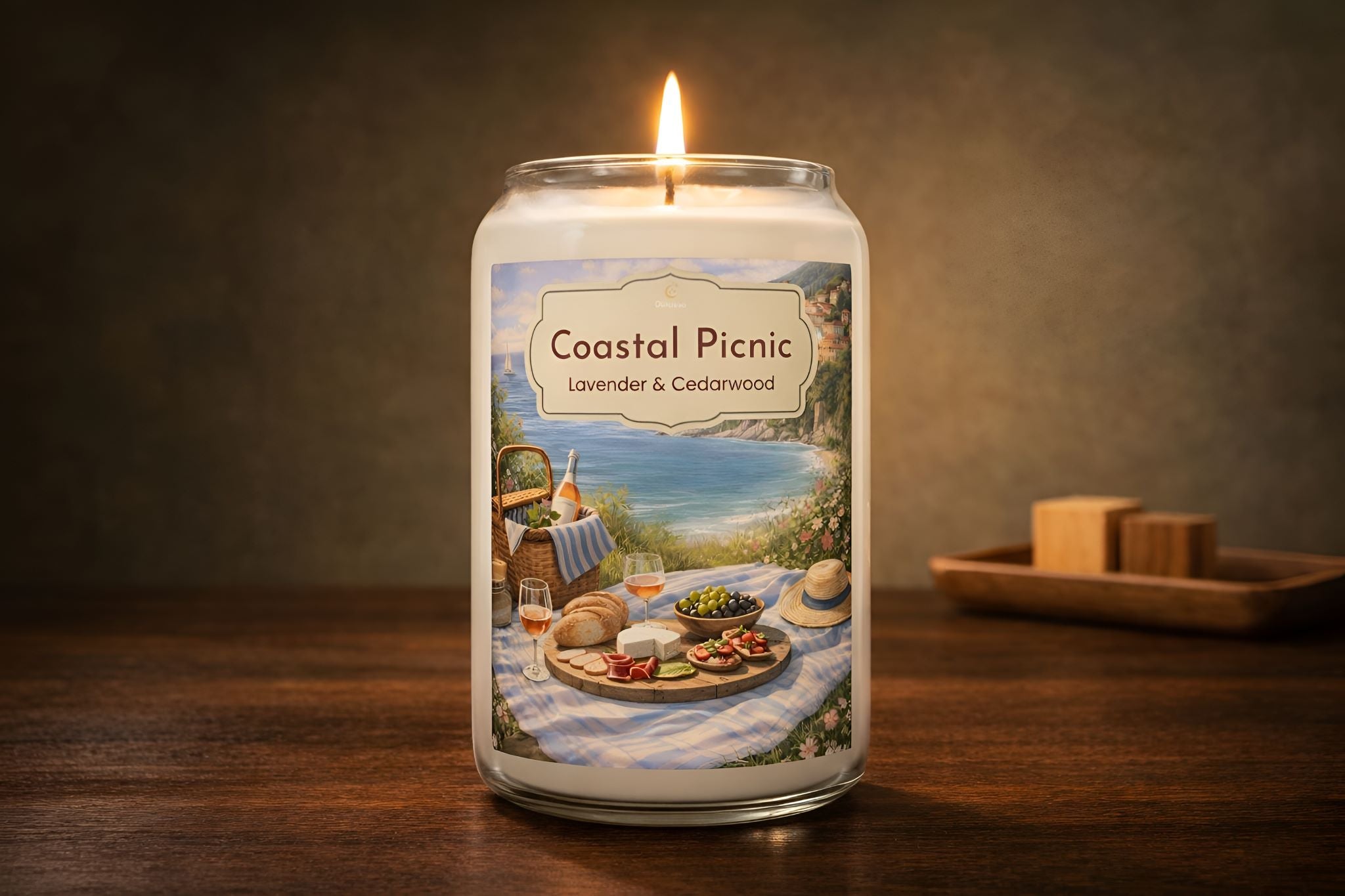 Lavender cedarwood candle on Mediterranean wooden table.
