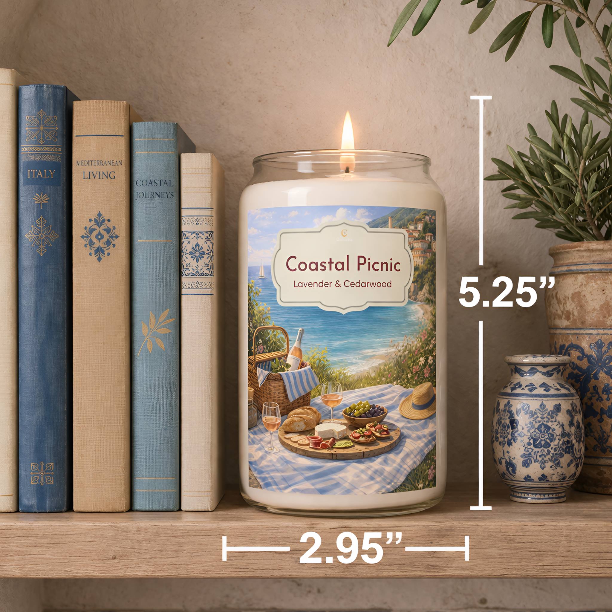 Lavender scented candle labeled 'Coastal Picnic' with dimensions on a shelf with books and Mediterranean decor.