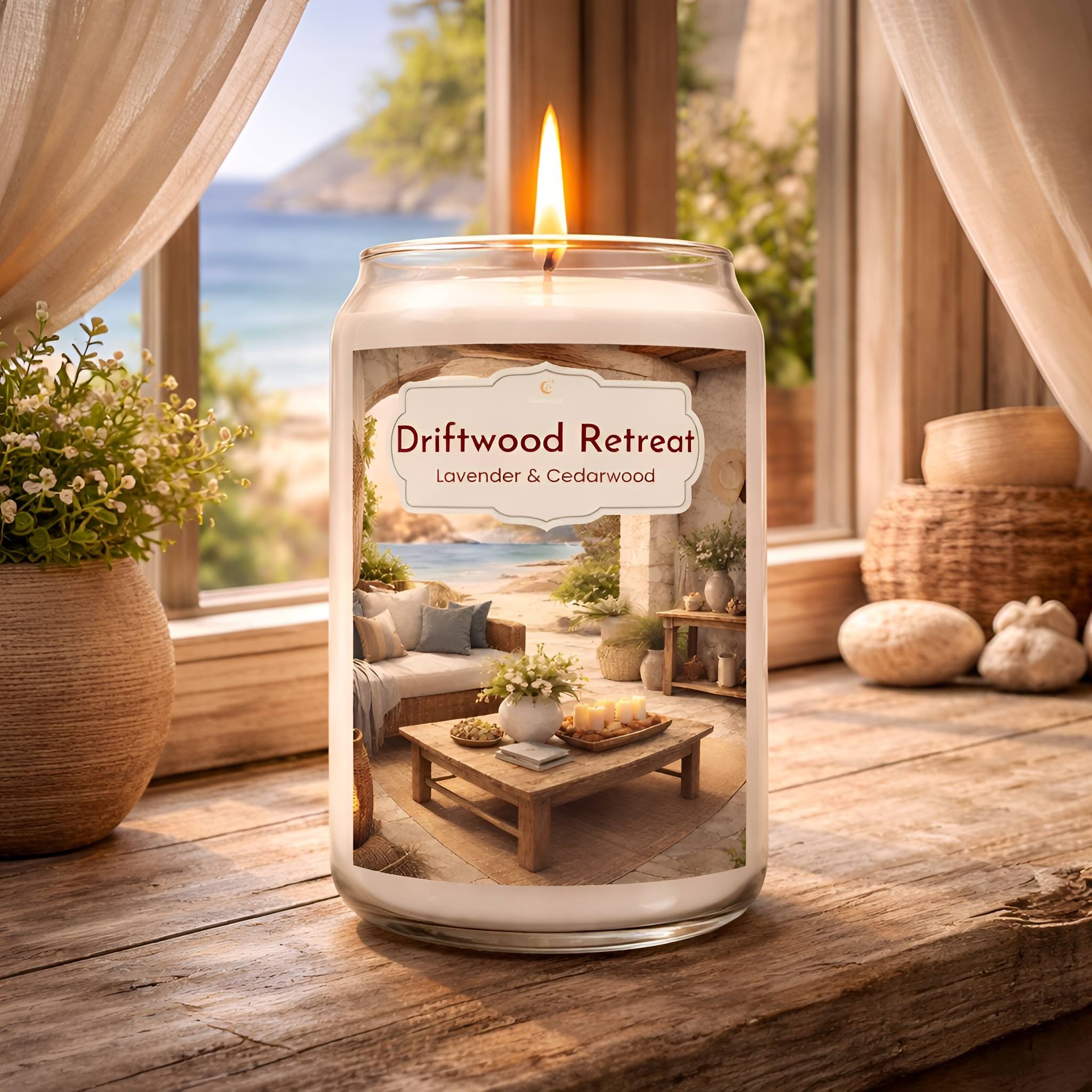 Lavender and cedarwood and oakmoss notes on a driftwood window sill on a Meditteranean beach.