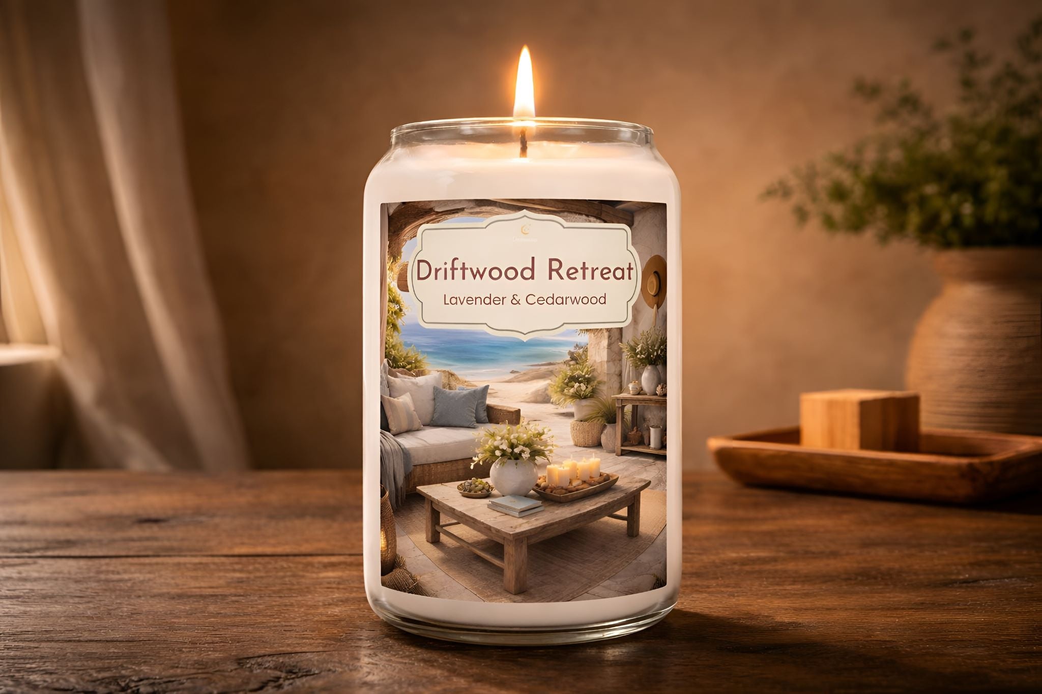 Woodsy lavender candle with cedarwood and oakmoss notes on a wooden table with a window.