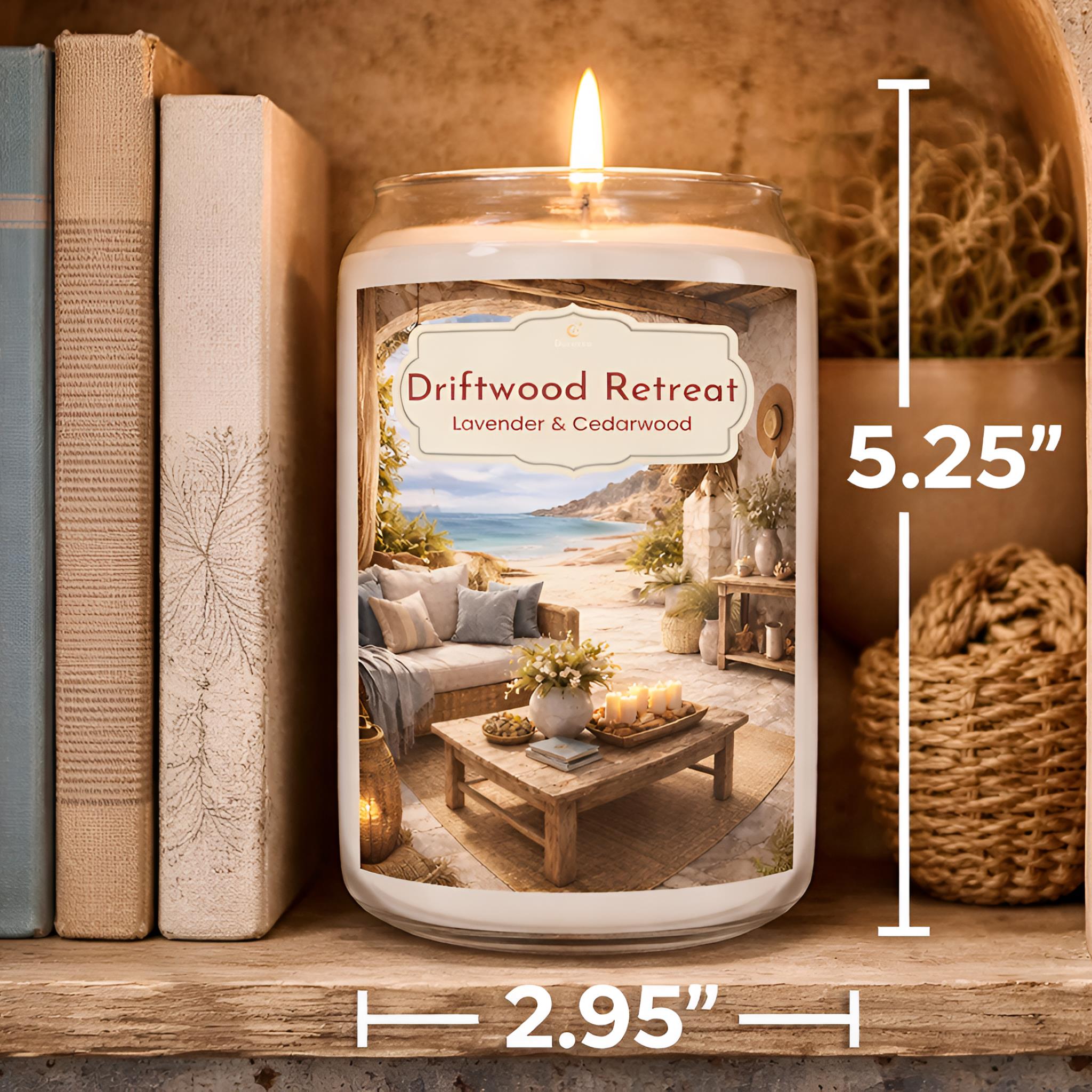 Herbal lavender scented candle labeled 'Driftwood Retreat' with dimensions displayed, placed on a surface with books and decorative items.