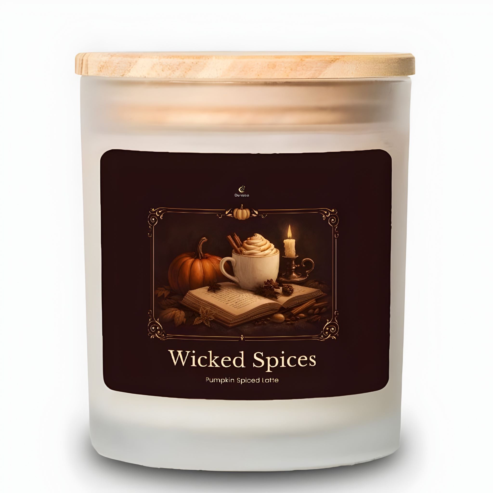 Pumpkin spiced latte scented candle with a wood wick in a frosted glass jar.