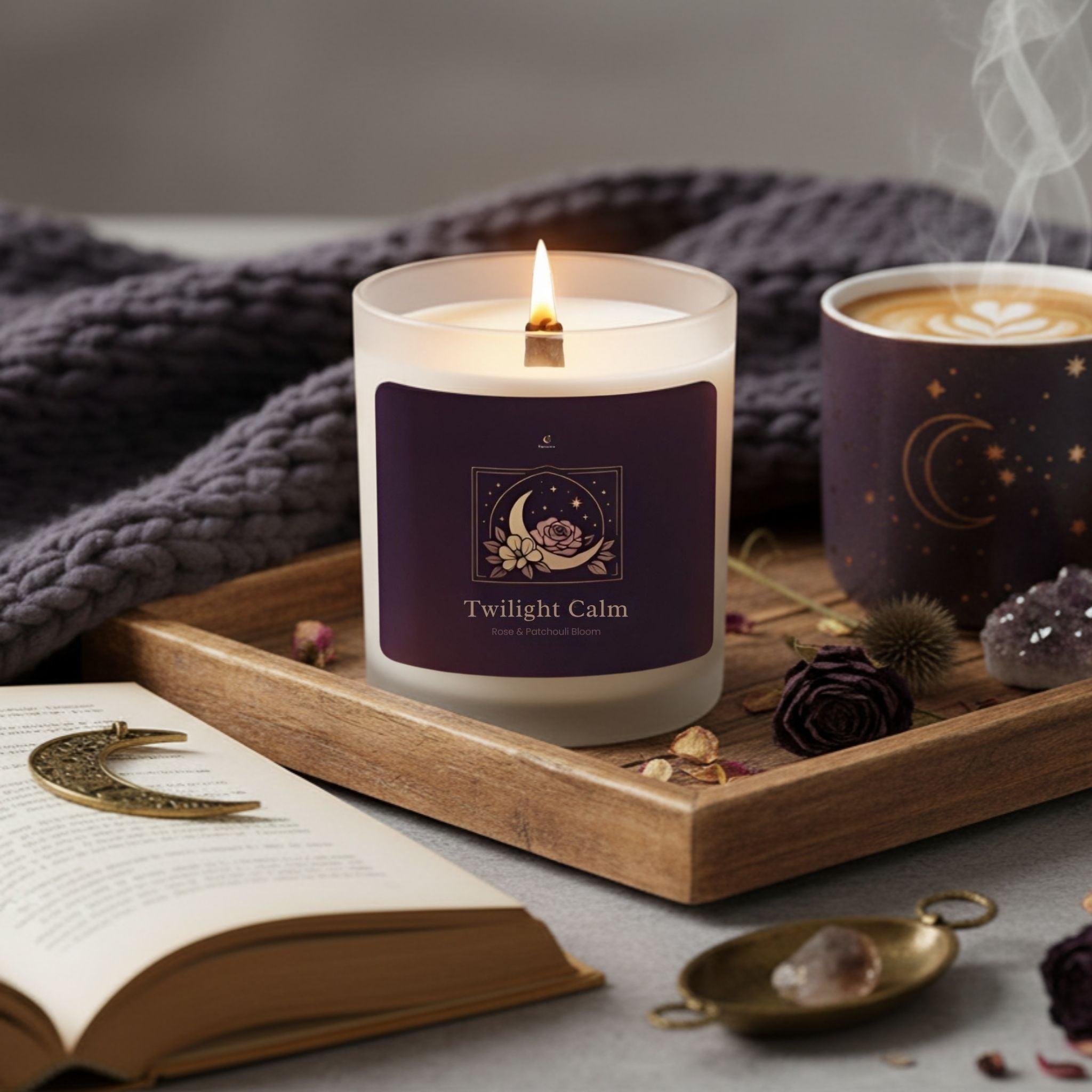 Rose patchouli candle with a wood wick in a whimsigoth bedroom.