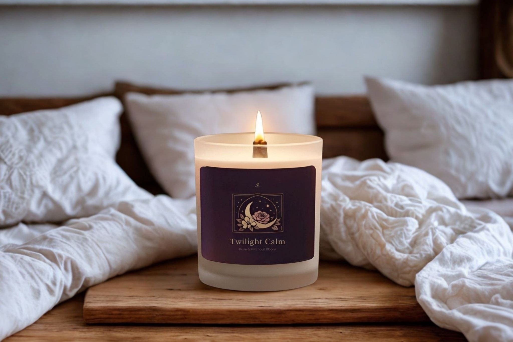 Rose patchouli candle sitting on a wood tray in the center of a bed with white bedding.