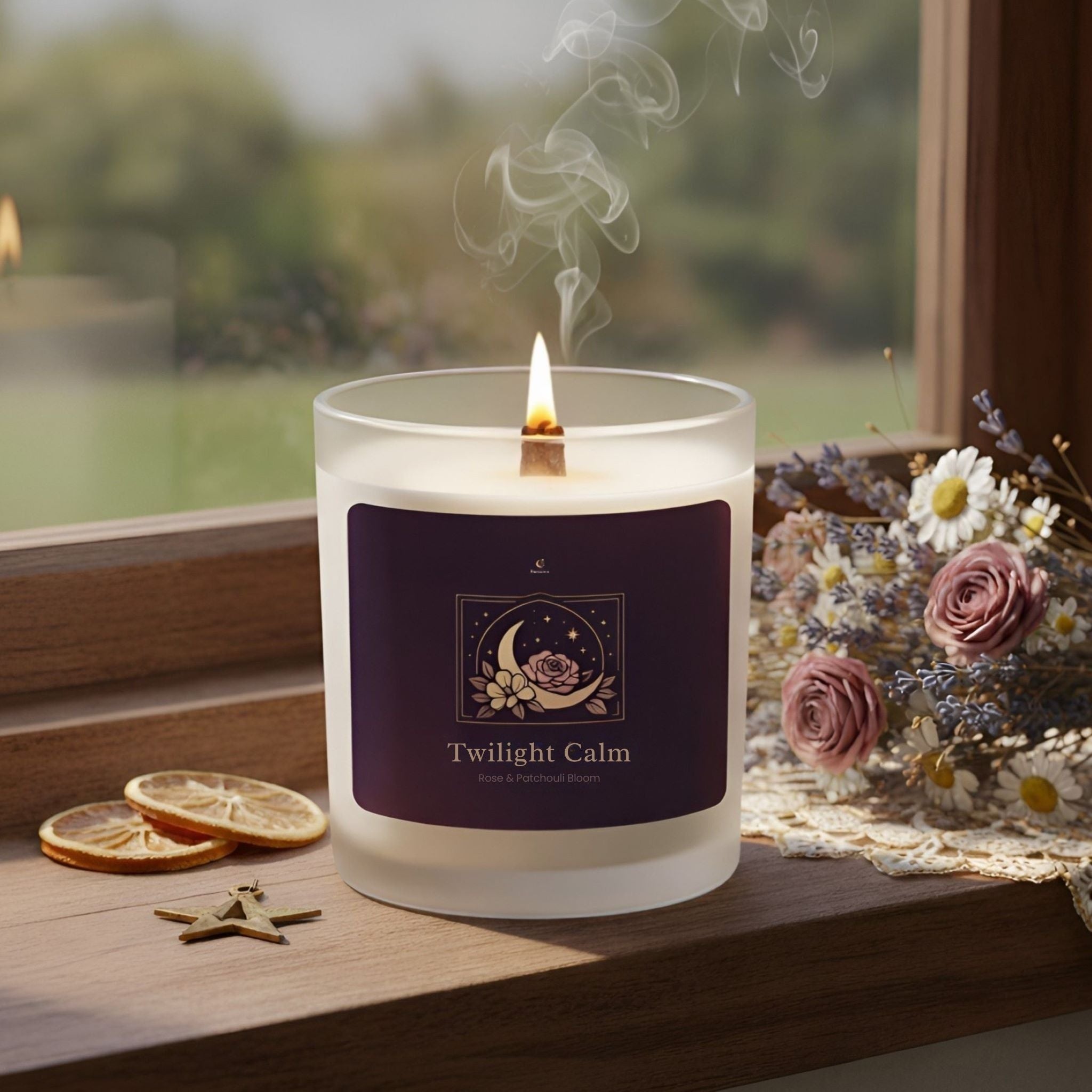 A Rose patchouli candle sitting on a whimsigoth window sill with pink, white and purple flowers.