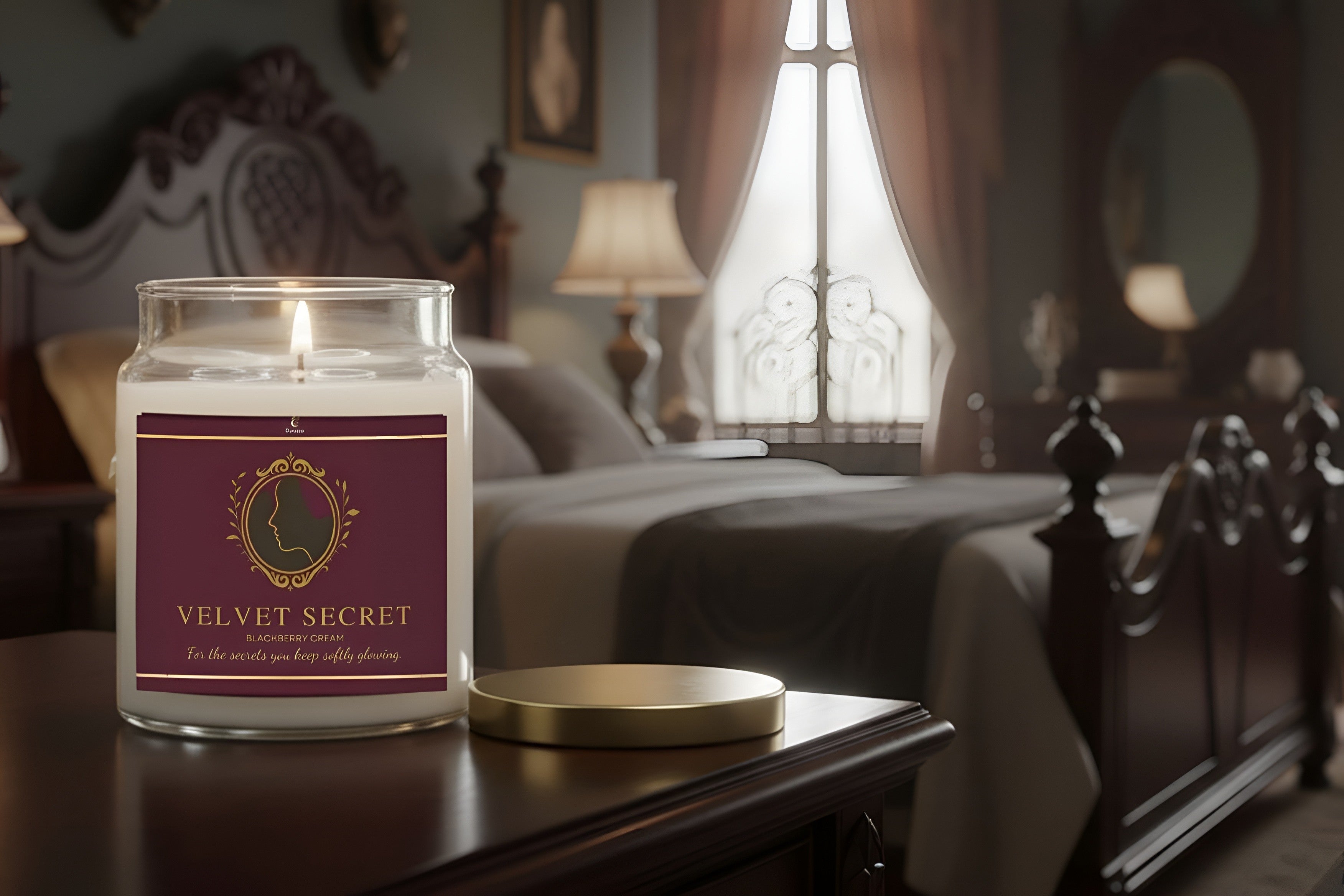 An apothecary candle with a blackberry fruit scent in a victorian gothic bedroom. 