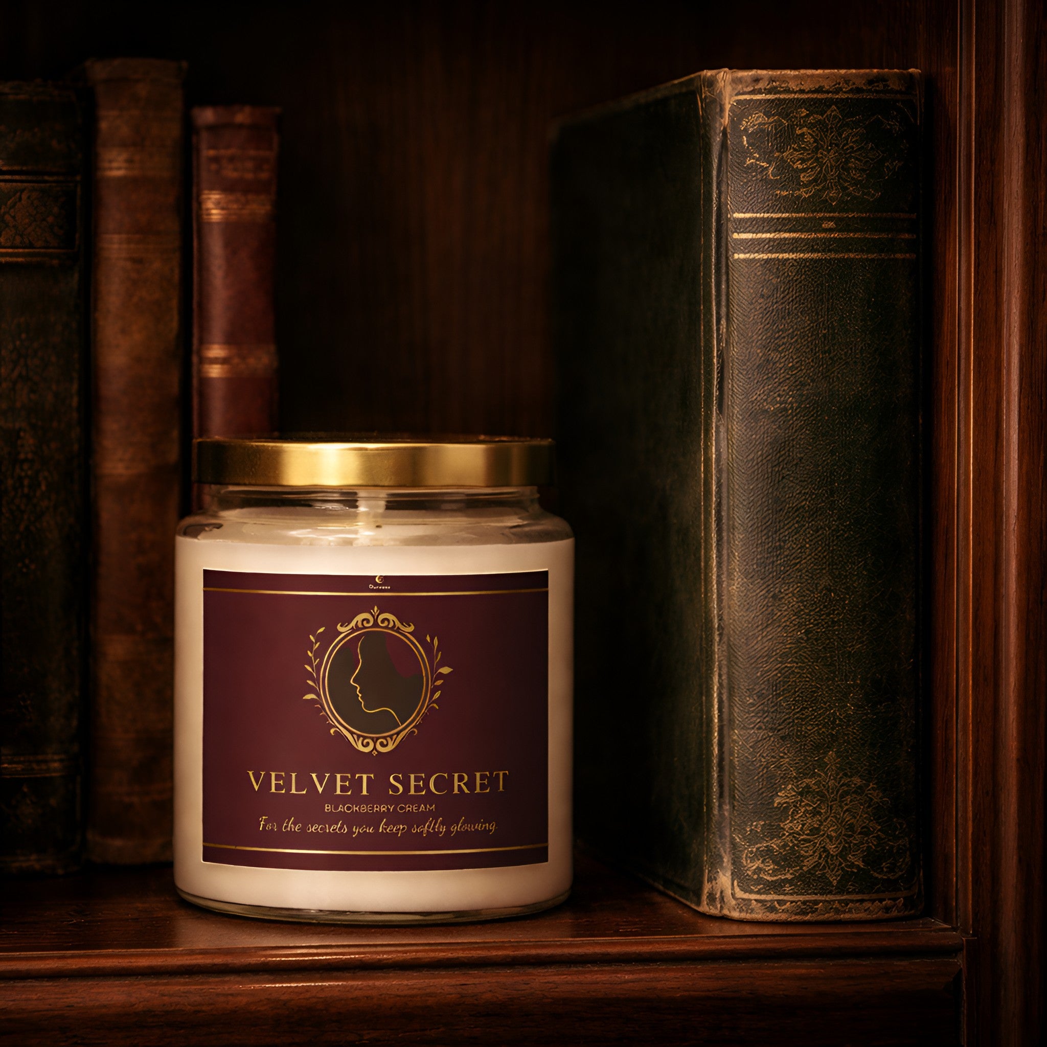 A victorian candle in a blackberry cream scent on a old moody bookshelf.