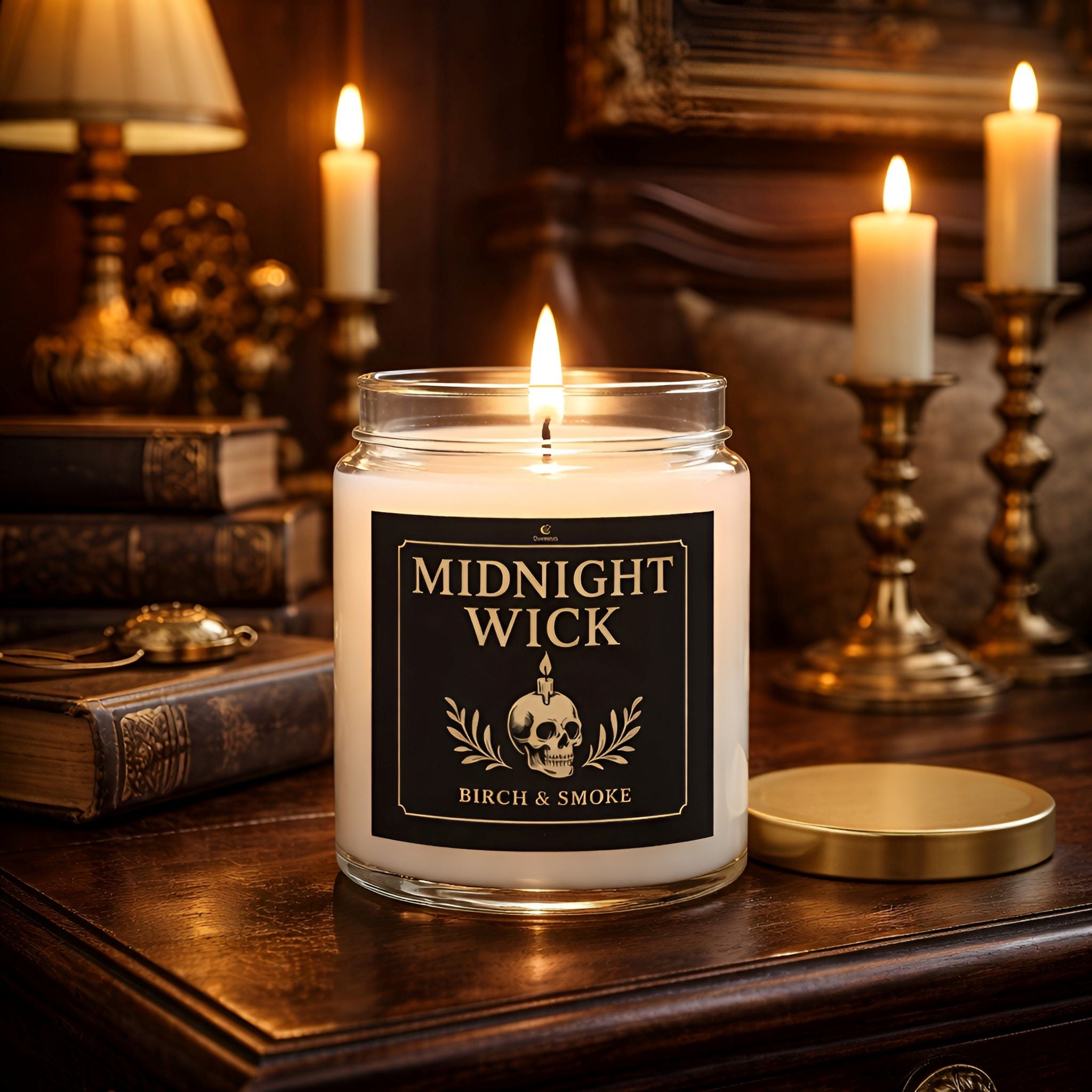 A birch and smoke scented candle in an apothecary jar in a dark academia home.