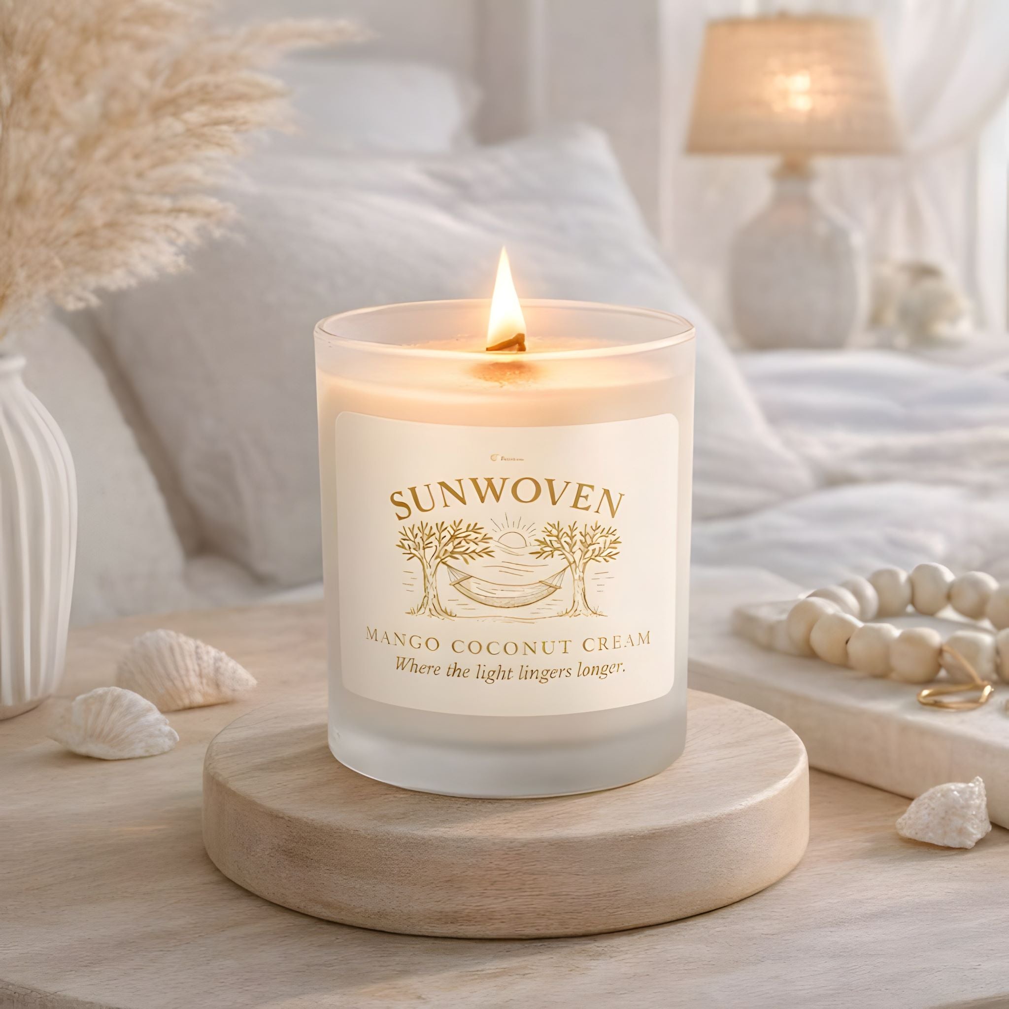 Tropical candle in mango coconut cream scent in a Mediterranean coastal bedroom.